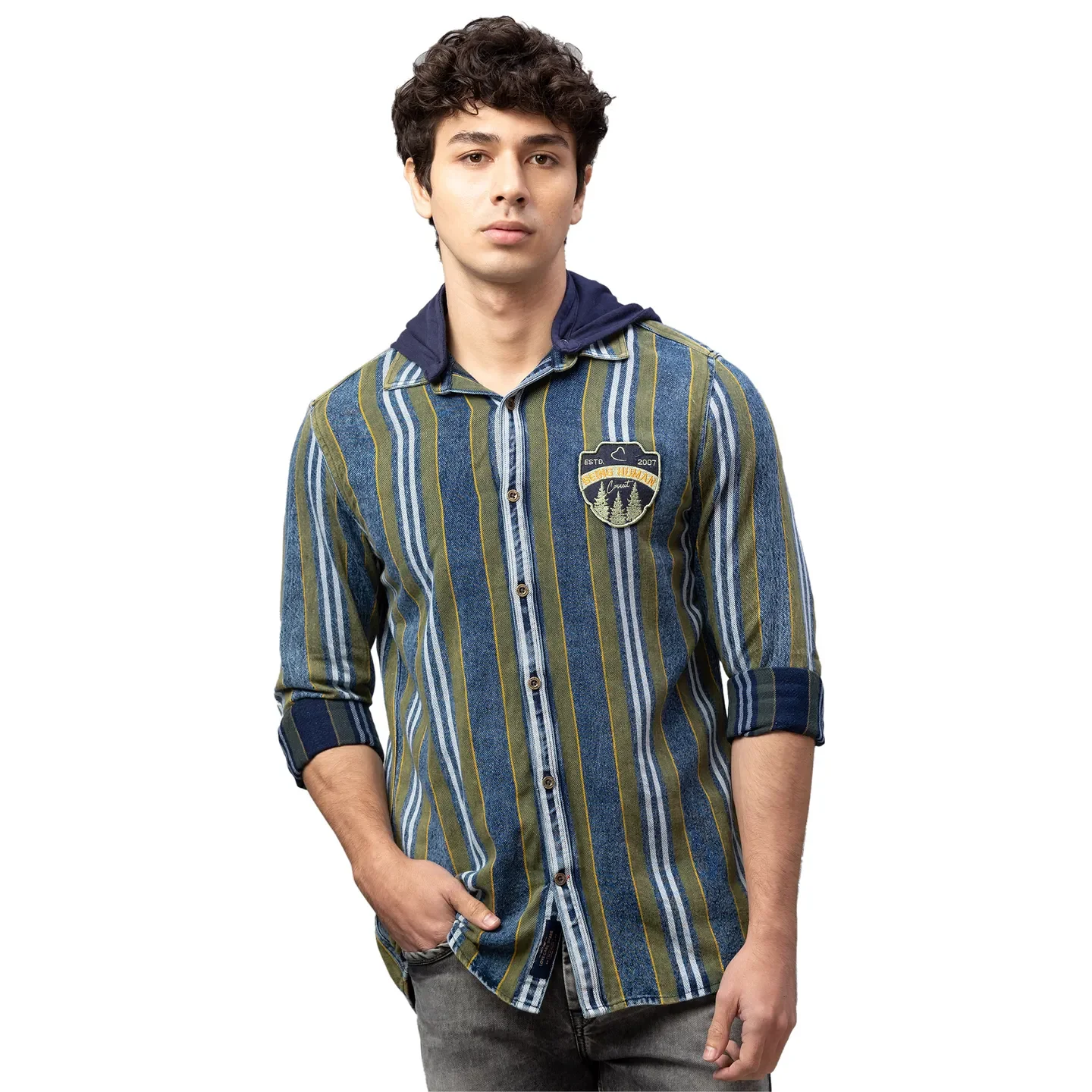 Green Slim Straight Fit Regular Collar Long Sleeves Cotton Men's Shirt by Being Human Clothing