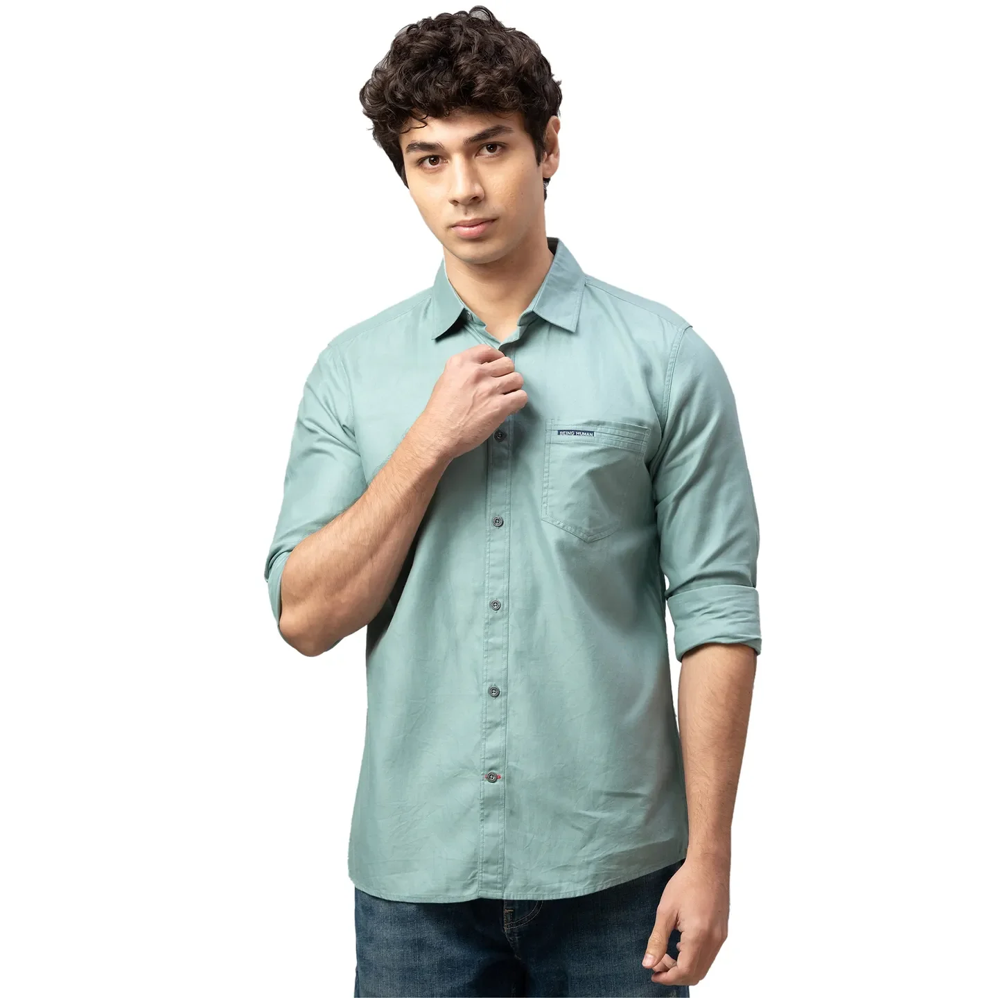 Green Slim Straight Fit Regular Collar Long Sleeves Cotton Men's Shirt by Being Human Clothing