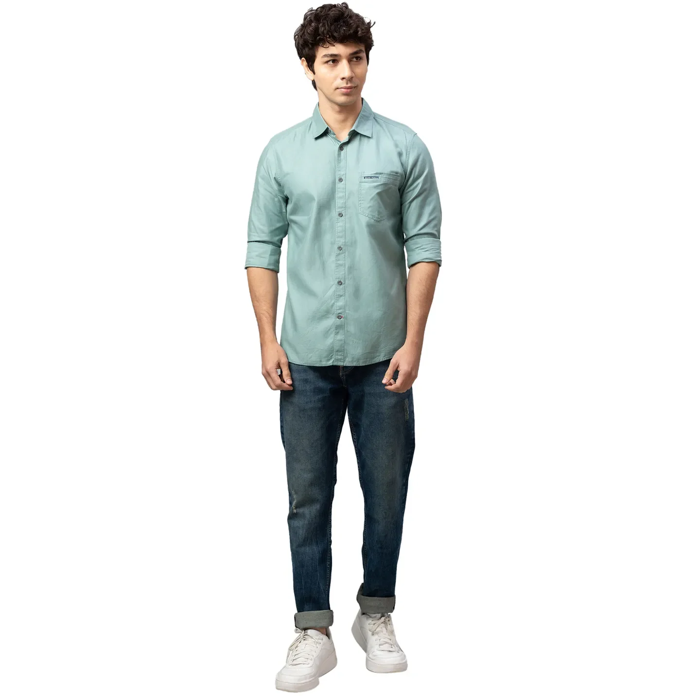 Green Slim Straight Fit Regular Collar Long Sleeves Cotton Men's Shirt by Being Human Clothing - Image 2