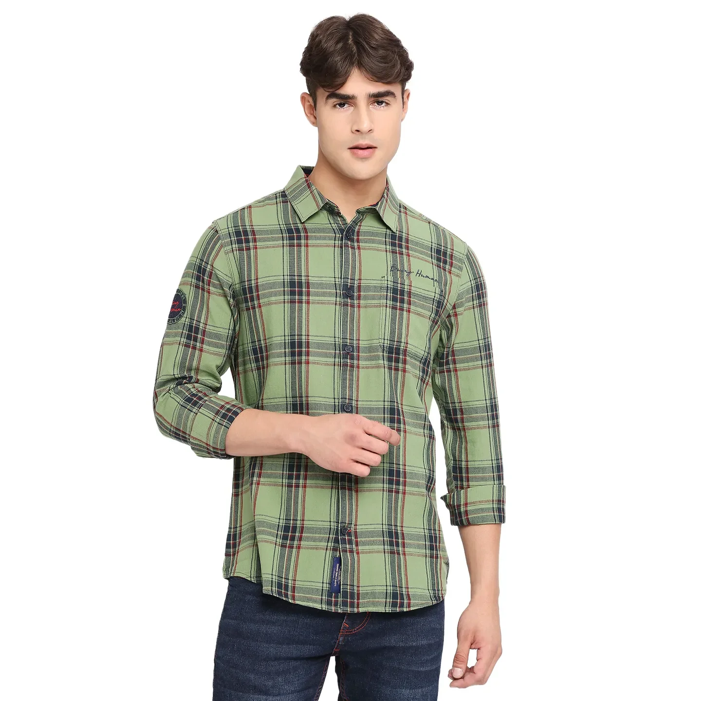 Green Slim Fit Regular Collar Men's Shirt by Being Human Clothing