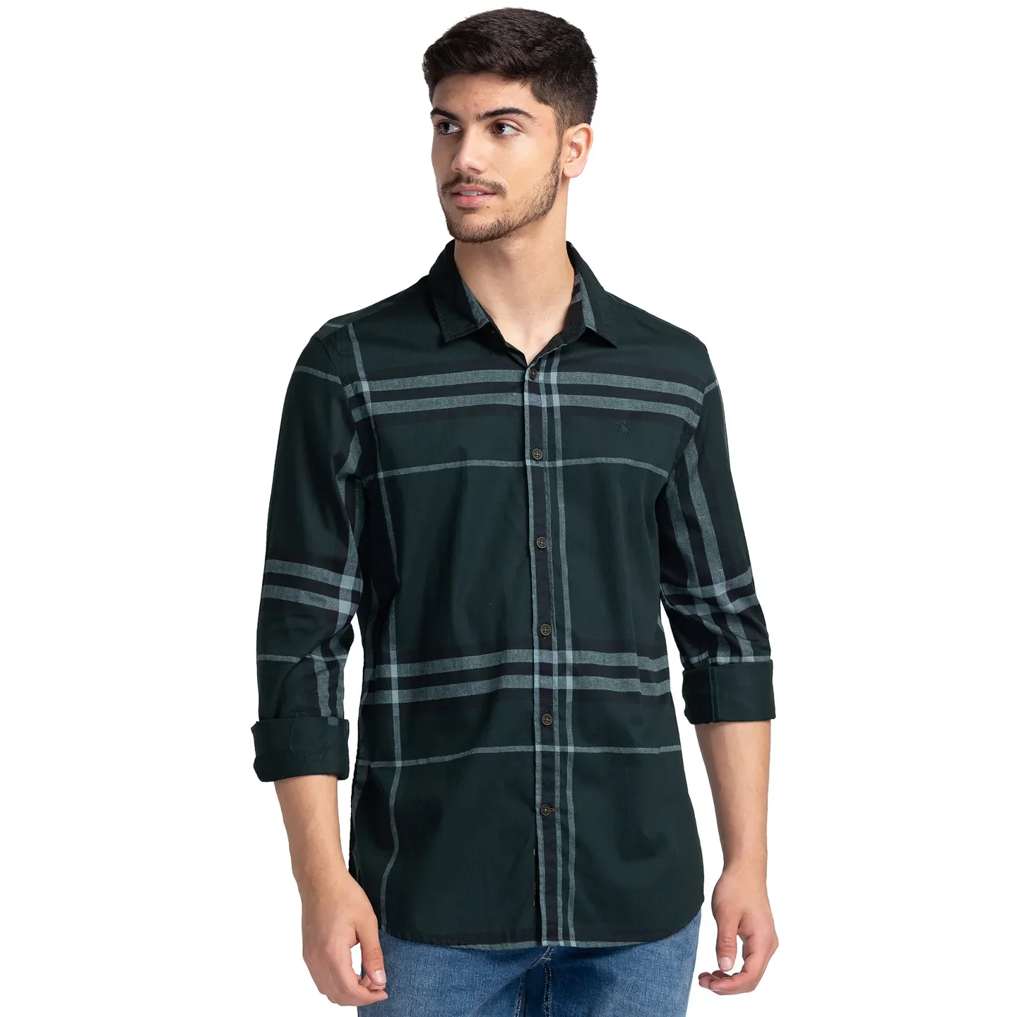 Green Slim Straight Fit Regular Collar Long Sleeves Cotton Men's Shirt by Being Human Clothing