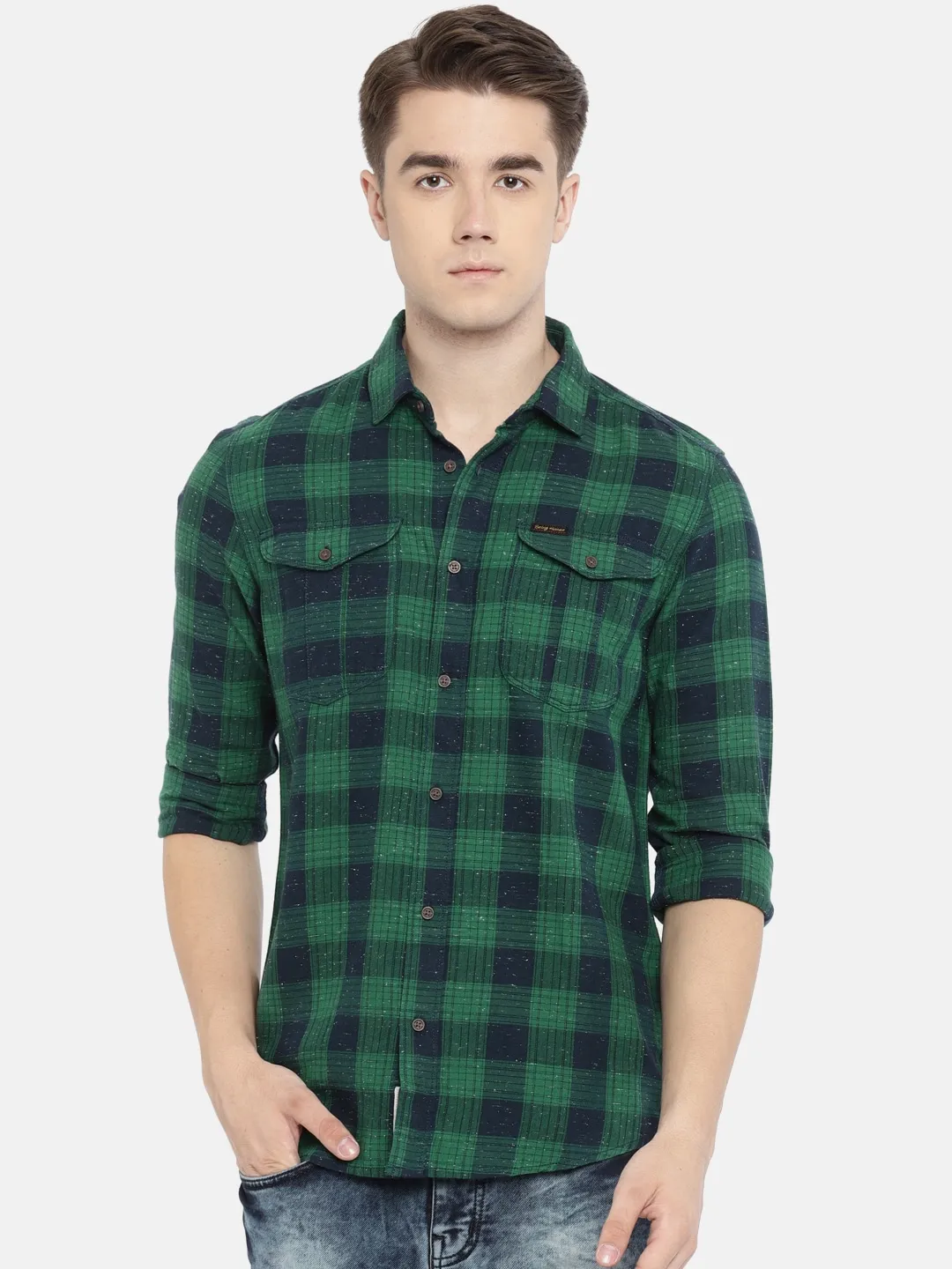 Green Slim Straight Fit Regular Collar Long Sleeves Cotton Men's Shirt by Being Human Clothing