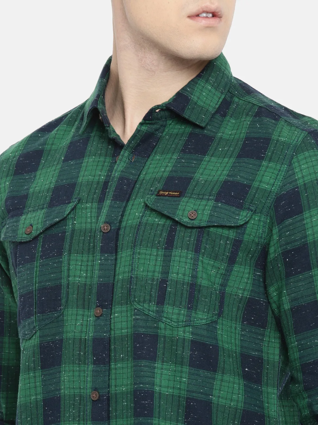 Green Slim Straight Fit Regular Collar Long Sleeves Cotton Men's Shirt by Being Human Clothing - Image 3