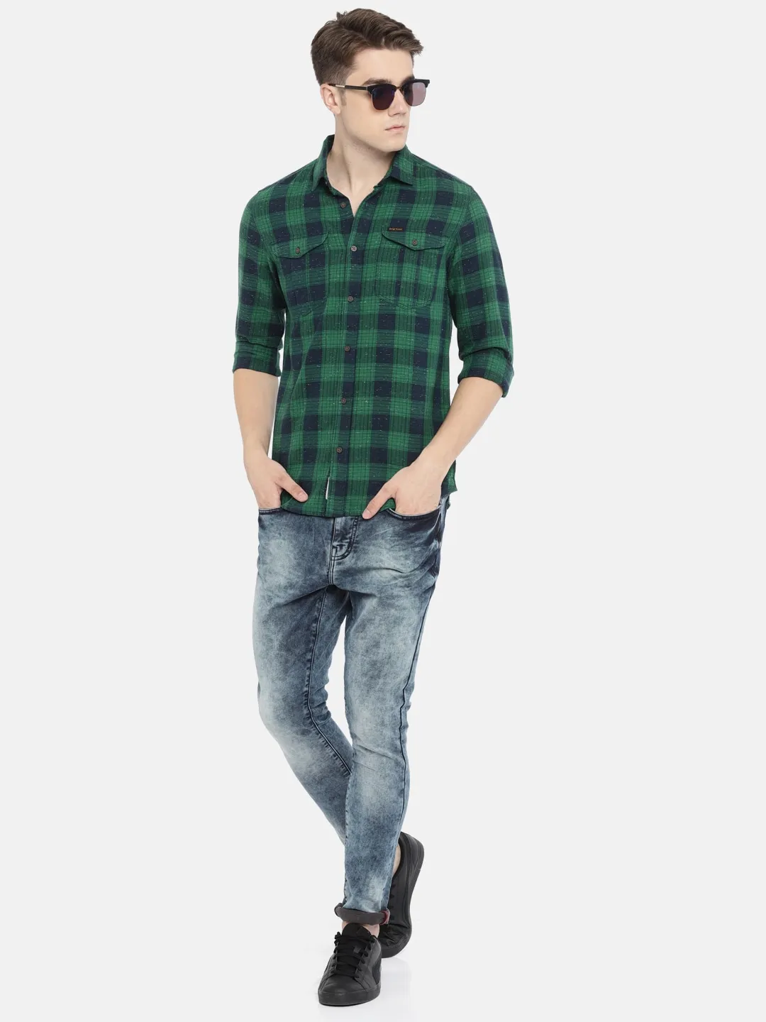 Green Slim Straight Fit Regular Collar Long Sleeves Cotton Men's Shirt by Being Human Clothing - Image 5
