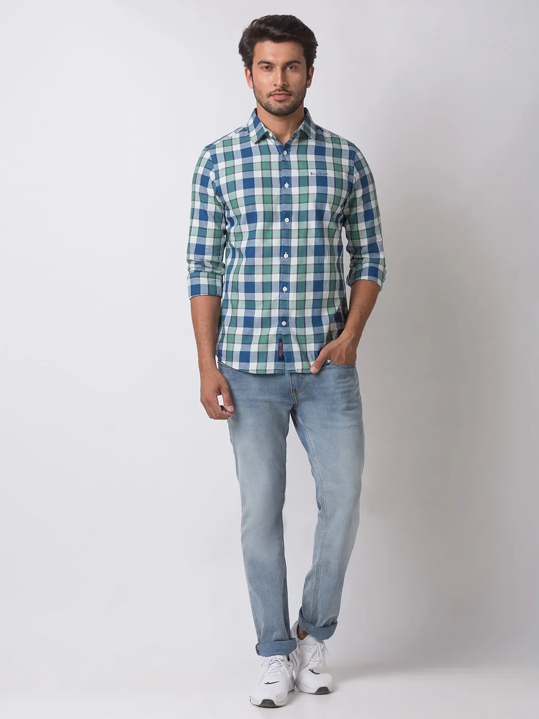 Green Slim Straight Fit Regular Collar Long Sleeves Cotton Men's Shirt by Being Human Clothing - Image 5