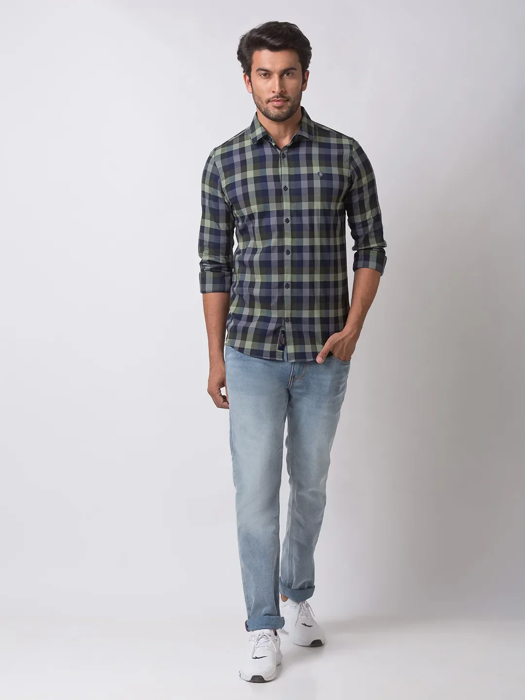 Green Slim Straight Fit Regular Collar Long Sleeves Cotton Men's Shirt by Being Human Clothing - Image 5
