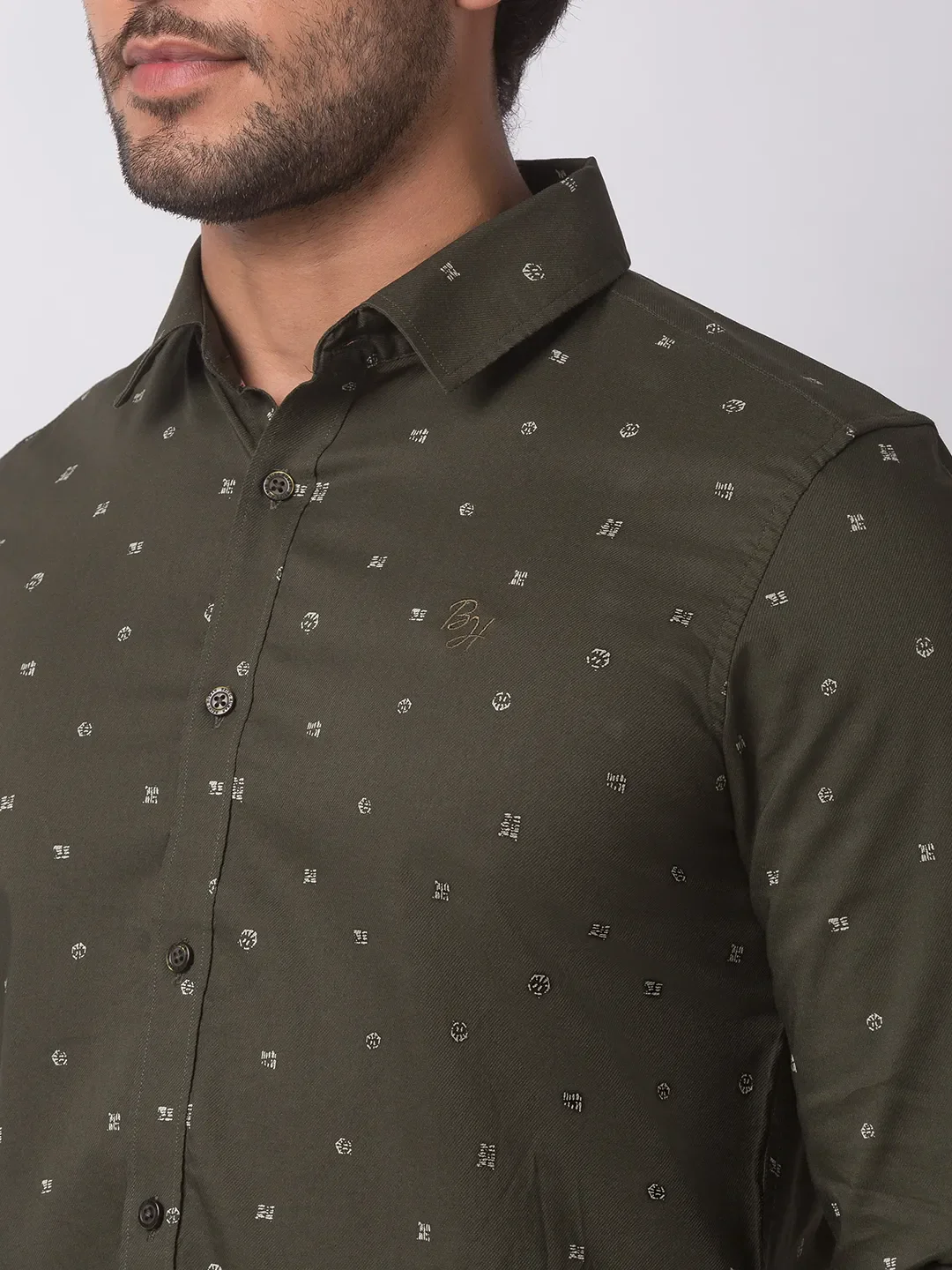 Green Slim Straight Fit Regular Collar Long Sleeves Cotton Men's Shirt by Being Human Clothing - Image 3