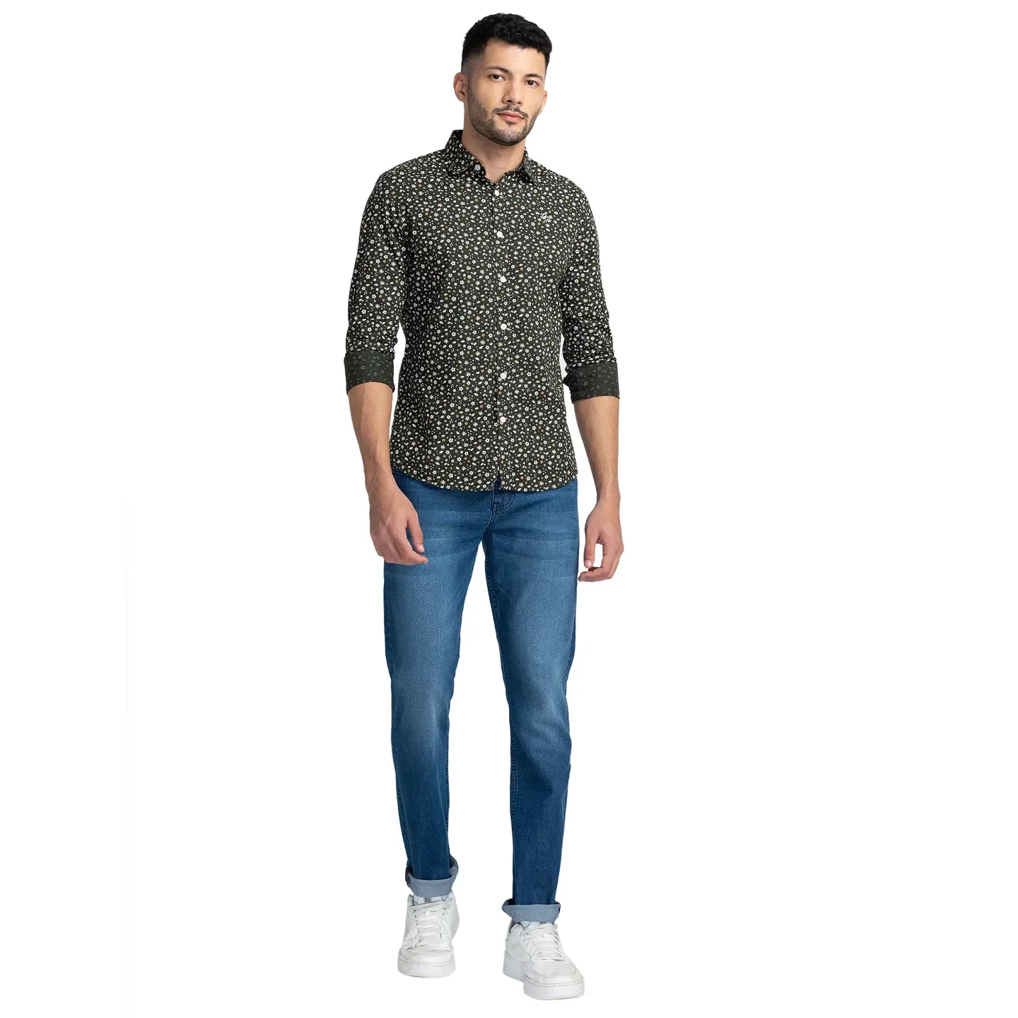 Green Slim Straight Fit Regular Collar Long Sleeves Cotton Men's Shirt by Being Human Clothing - Image 2