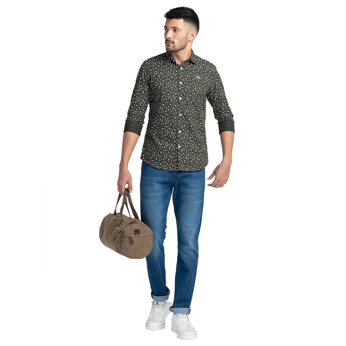 Green Slim Straight Fit Regular Collar Long Sleeves Cotton Men's Shirt by Being Human Clothing - Image 6