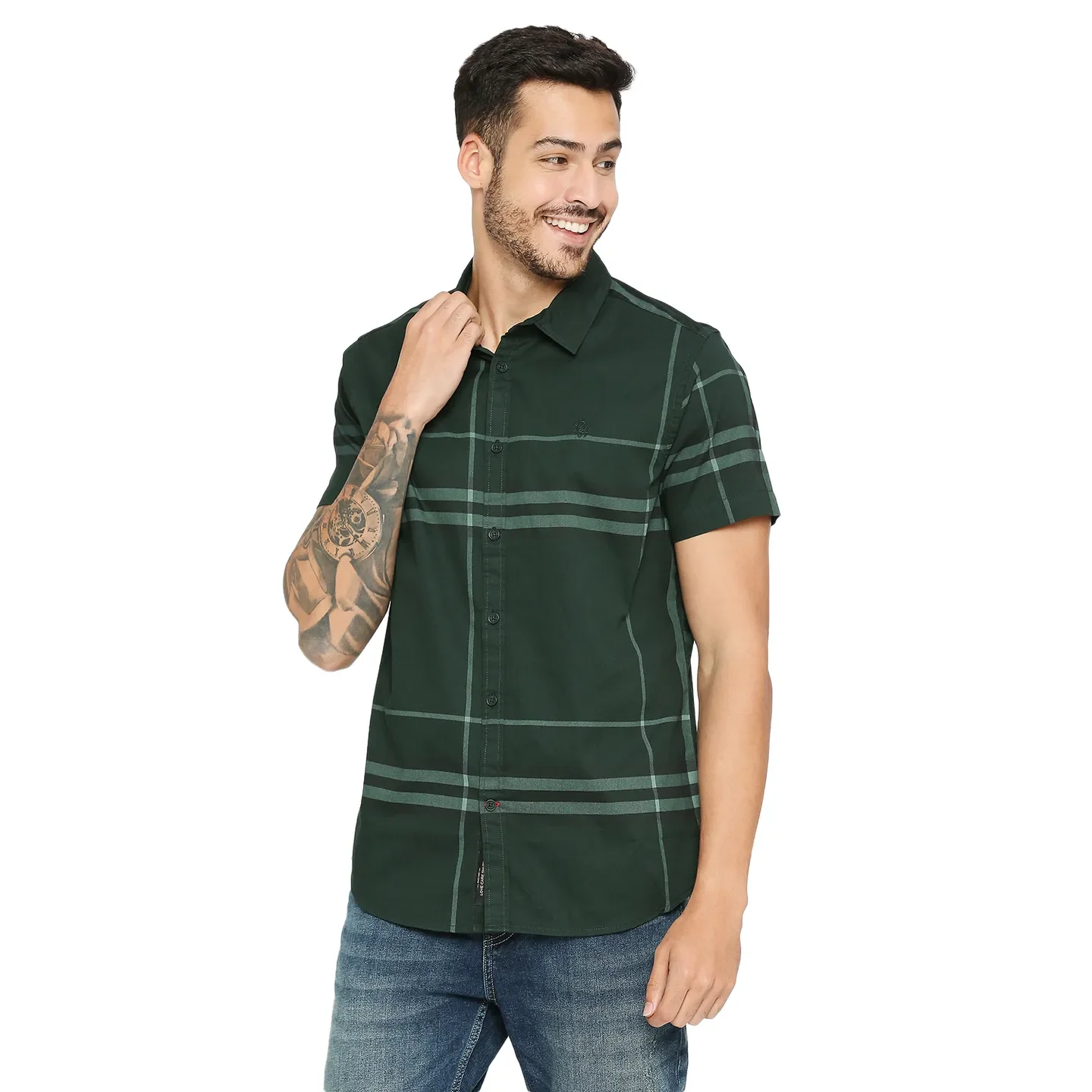 Green Slim Straight Fit Regular Collar Short Sleeves Cotton Men's Shirt by Being Human Clothing - Image 2