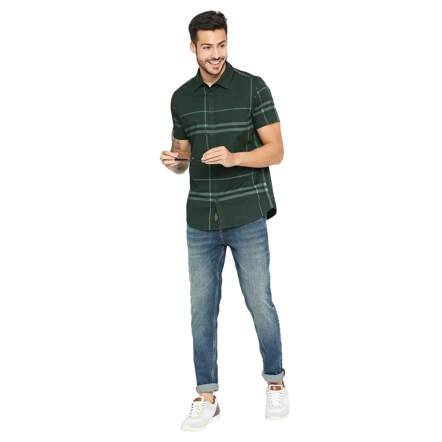 Green Slim Straight Fit Regular Collar Short Sleeves Cotton Men's Shirt by Being Human Clothing - Image 6