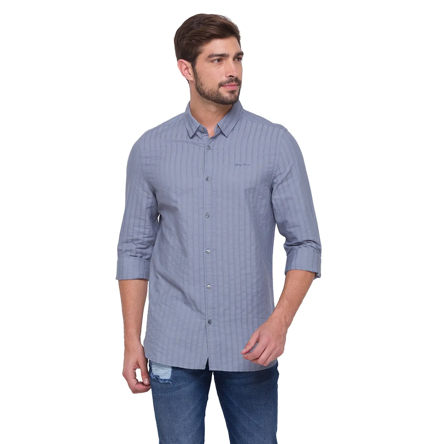 Grey Slim Straight Fit Regular Collar Long Sleeves Cotton Men's Shirt by Being Human Clothing