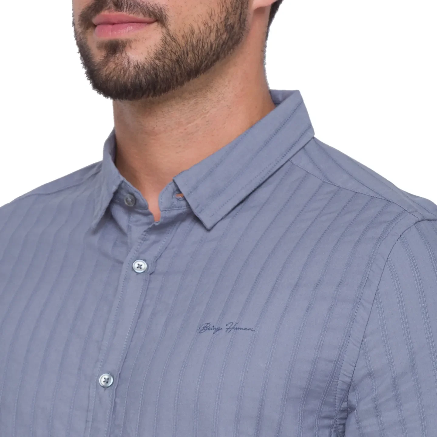 Grey Slim Straight Fit Regular Collar Long Sleeves Cotton Men's Shirt by Being Human Clothing - Image 5