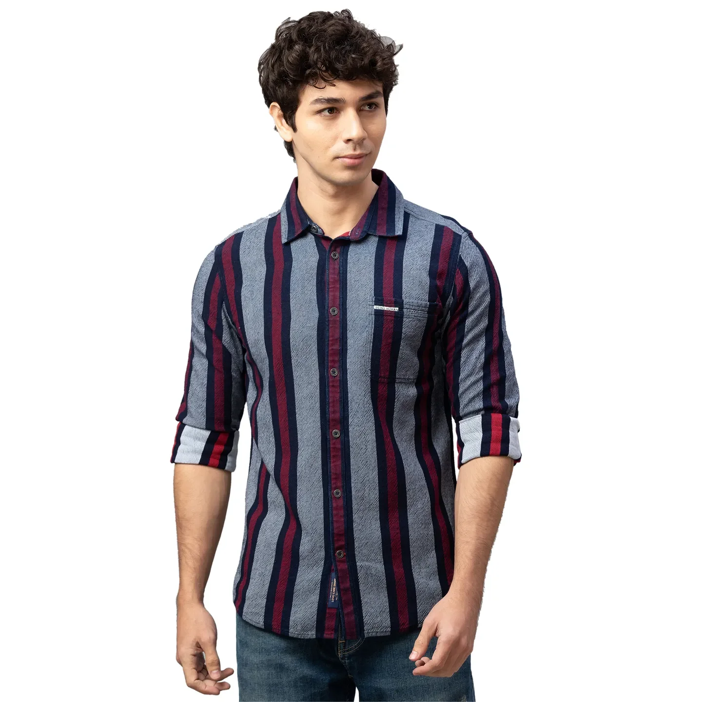 Grey Slim Straight Fit Regular Collar Long Sleeves Cotton Men's Shirt by Being Human Clothing