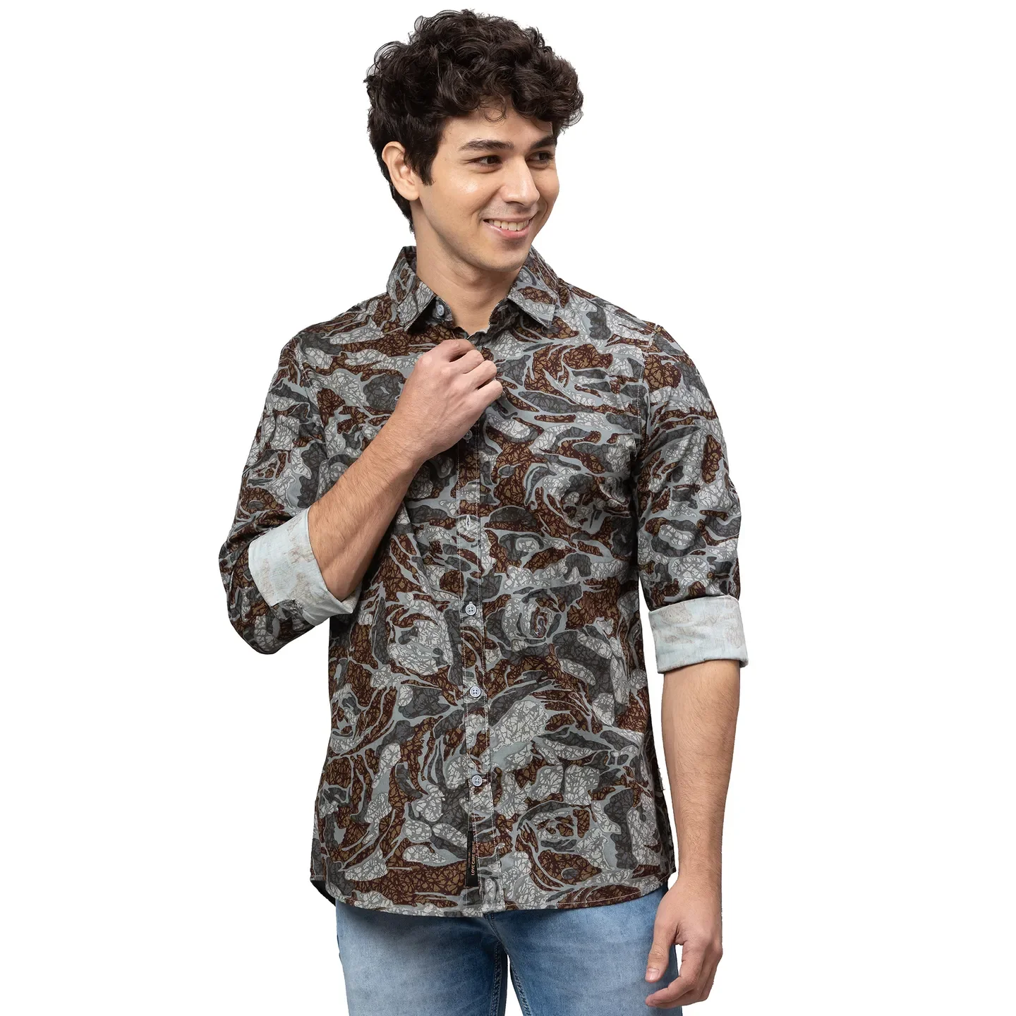 Grey Slim Straight Fit Regular Collar Long Sleeves Cotton Men's Shirt by Being Human Clothing