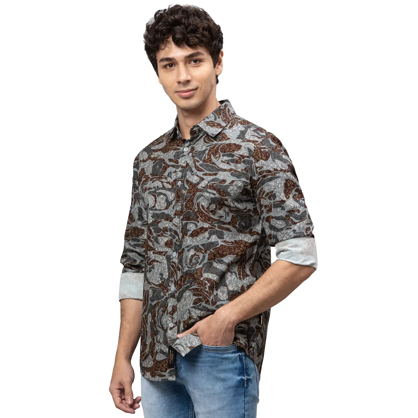 Grey Slim Straight Fit Regular Collar Long Sleeves Cotton Men's Shirt by Being Human Clothing - Image 4