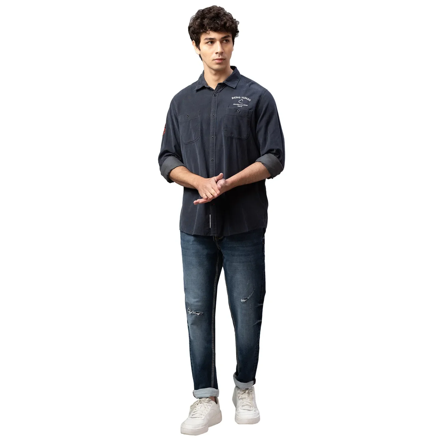 Grey Slim Straight Fit Regular Collar Long Sleeves Cotton Men's Shirt by Being Human Clothing - Image 2