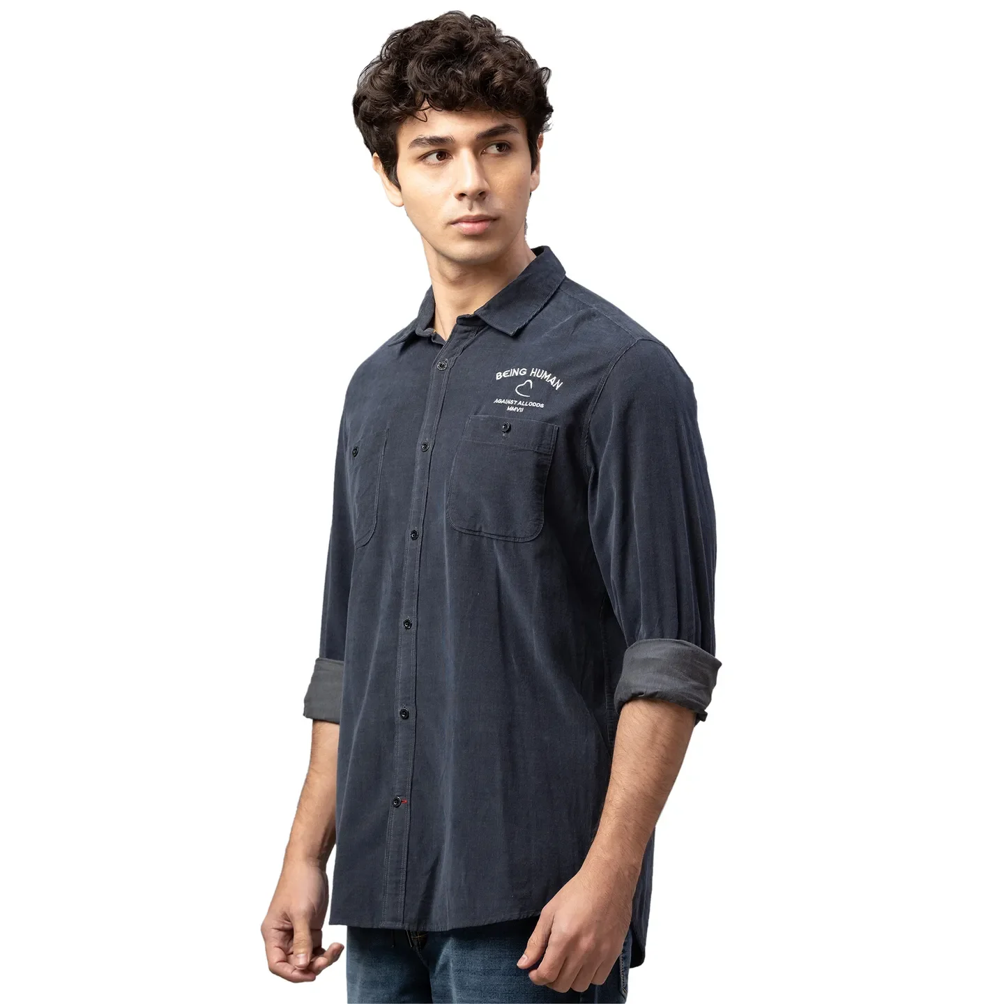Grey Slim Straight Fit Regular Collar Long Sleeves Cotton Men's Shirt by Being Human Clothing - Image 4