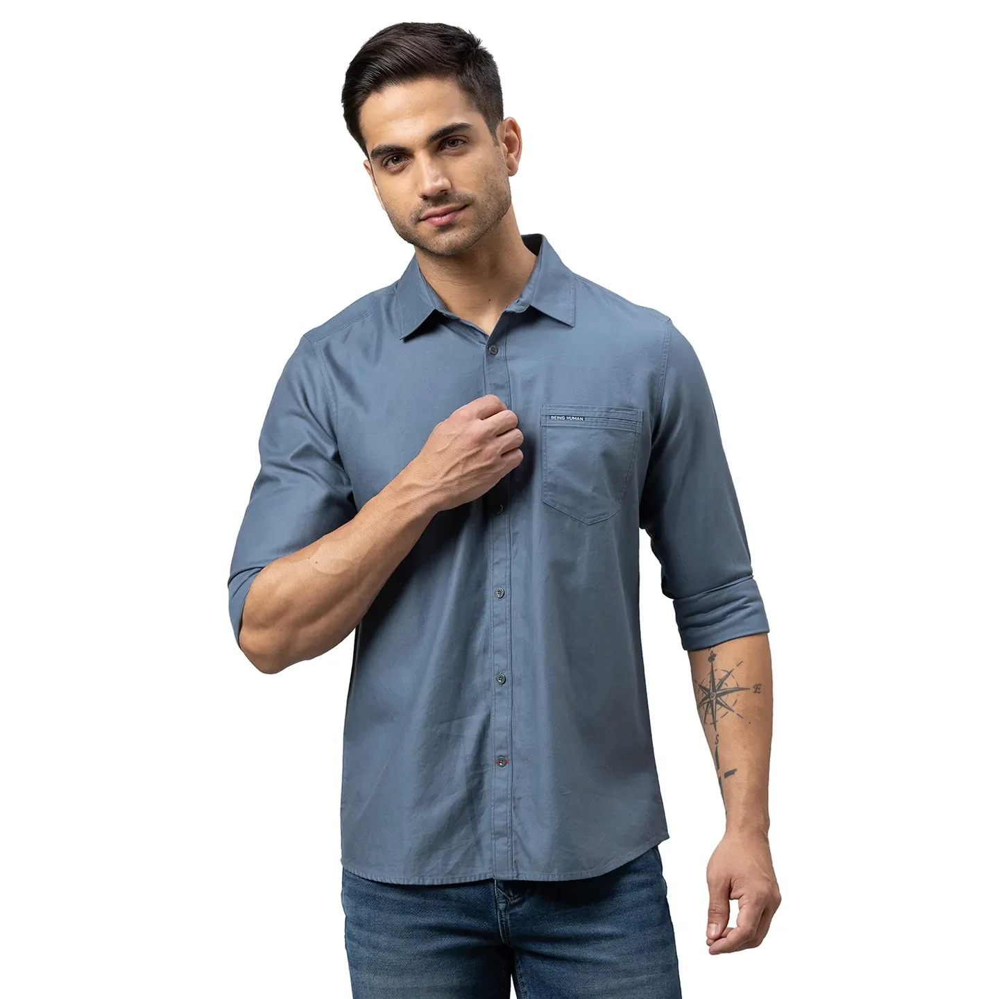Grey Slim Straight Fit Regular Collar Long Sleeves Cotton Men's Shirt by Being Human Clothing