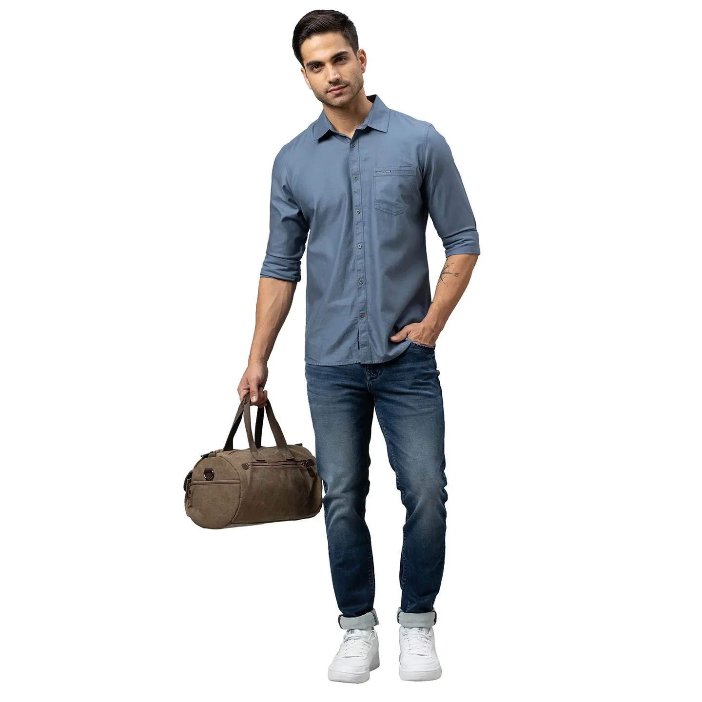 Grey Slim Straight Fit Regular Collar Long Sleeves Cotton Men's Shirt by Being Human Clothing - Image 2
