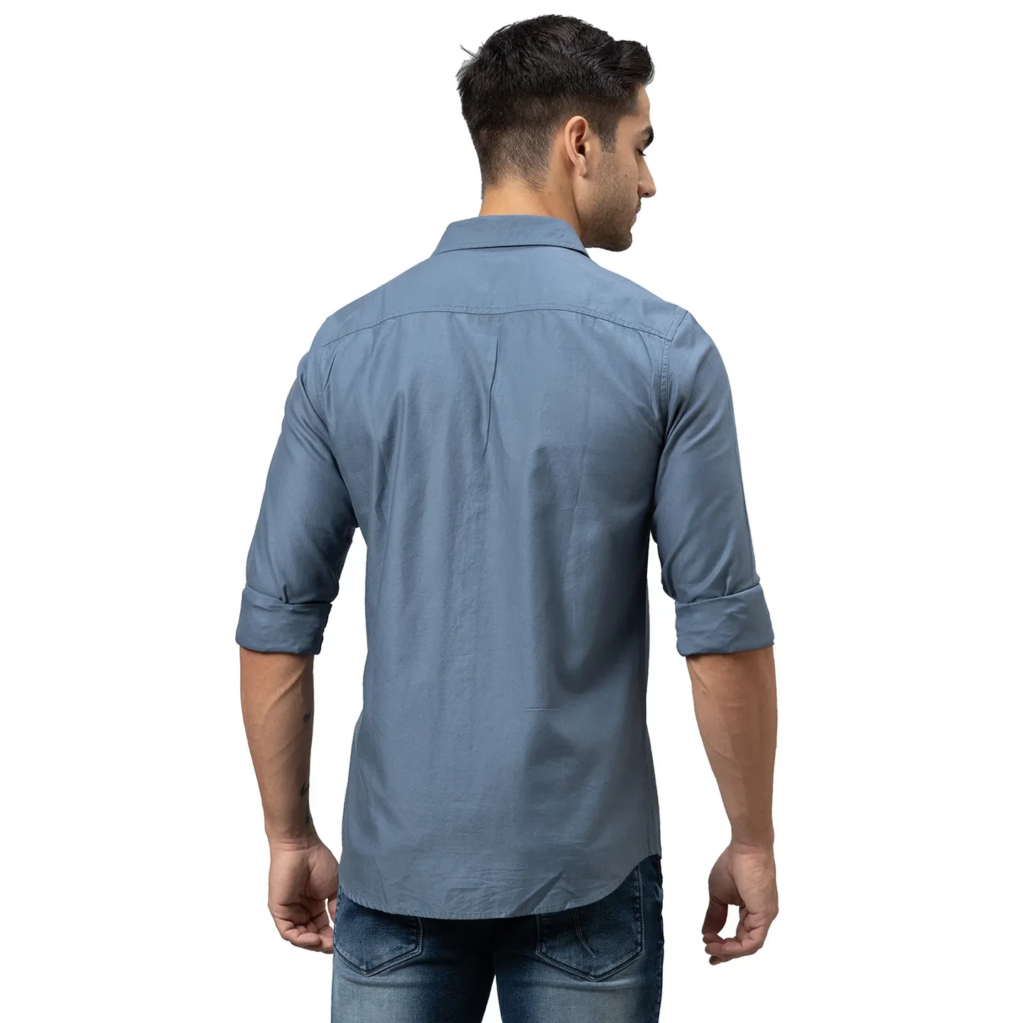 Grey Slim Straight Fit Regular Collar Long Sleeves Cotton Men's Shirt by Being Human Clothing - Image 3