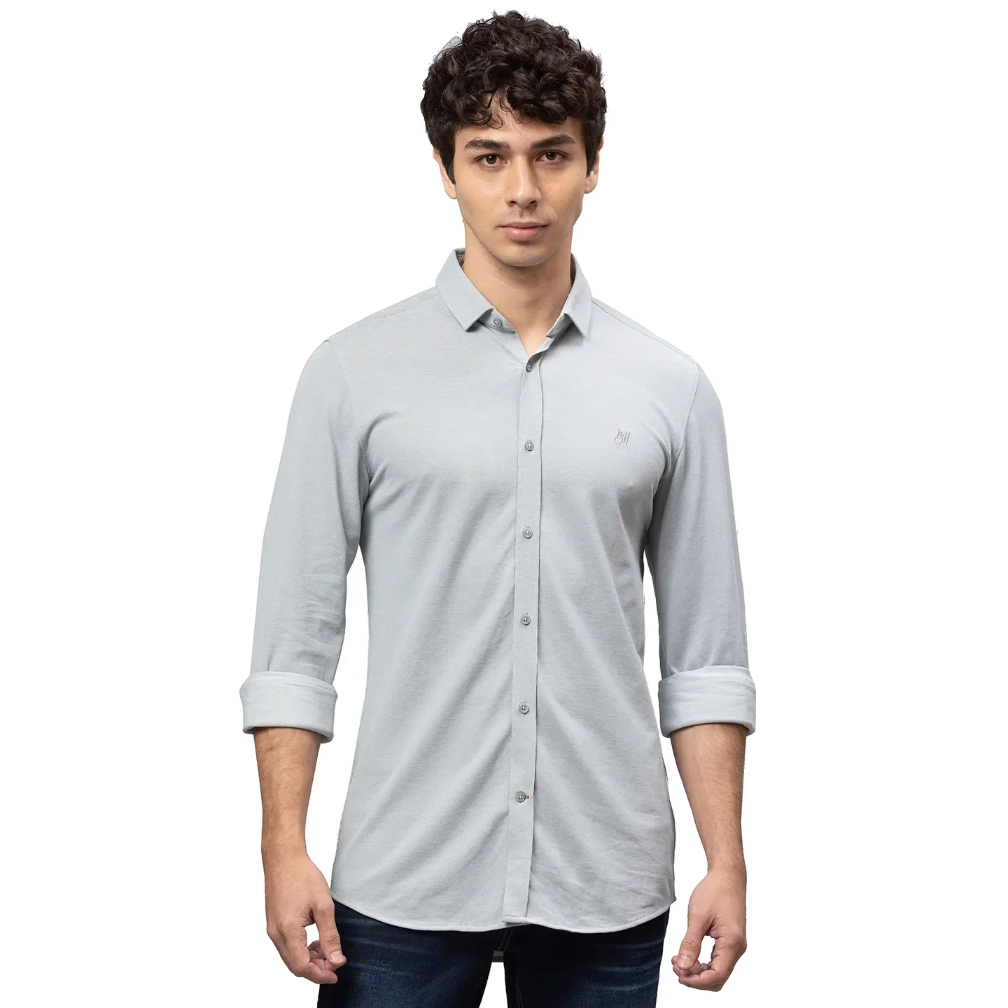 Grey Skinny Straight Fit Regular Collar Long Sleeves Cotton Men's Shirt by Being Human Clothing