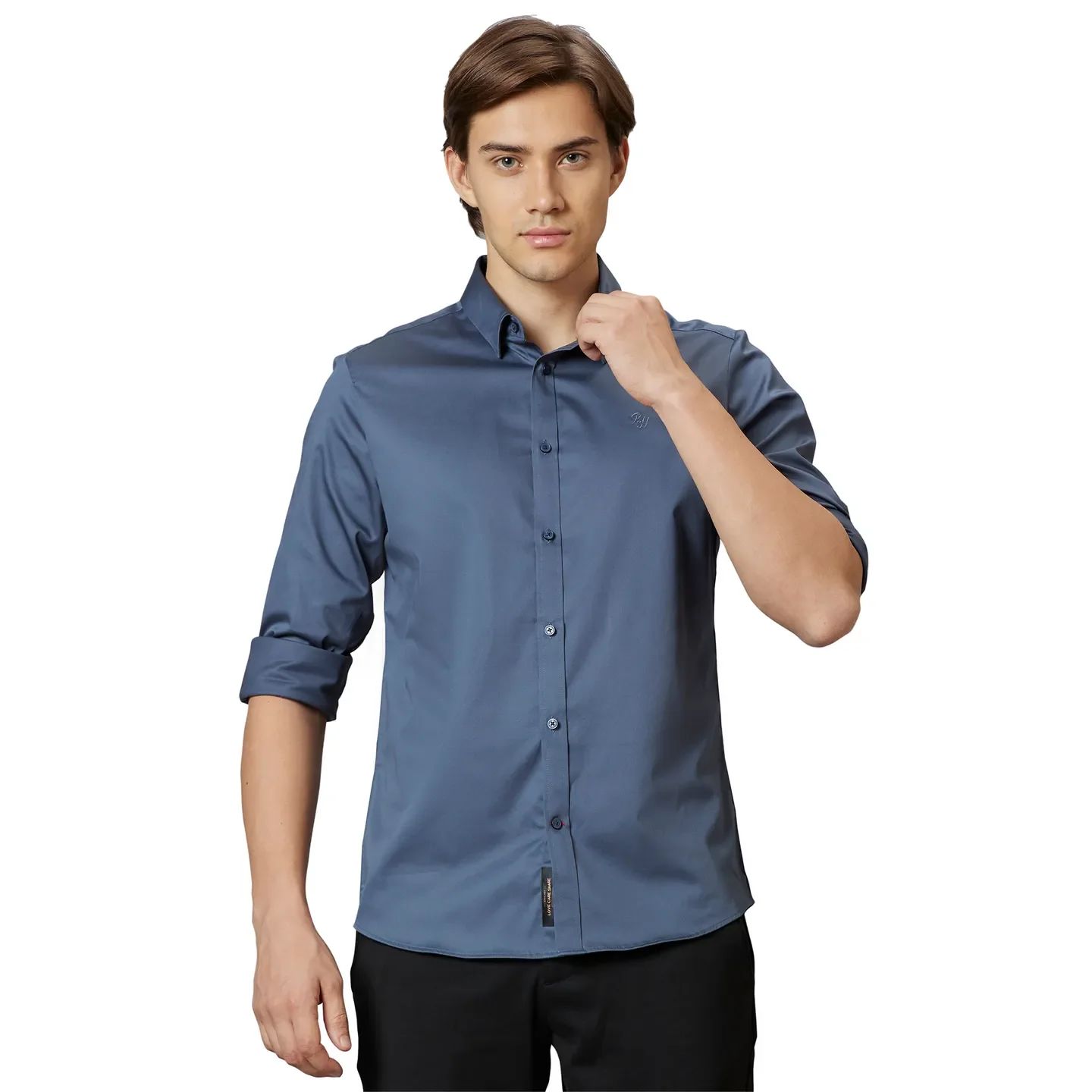 Grey Slim Straight Fit Regular Collar Long Sleeves Cotton Men's Shirt by Being Human Clothing