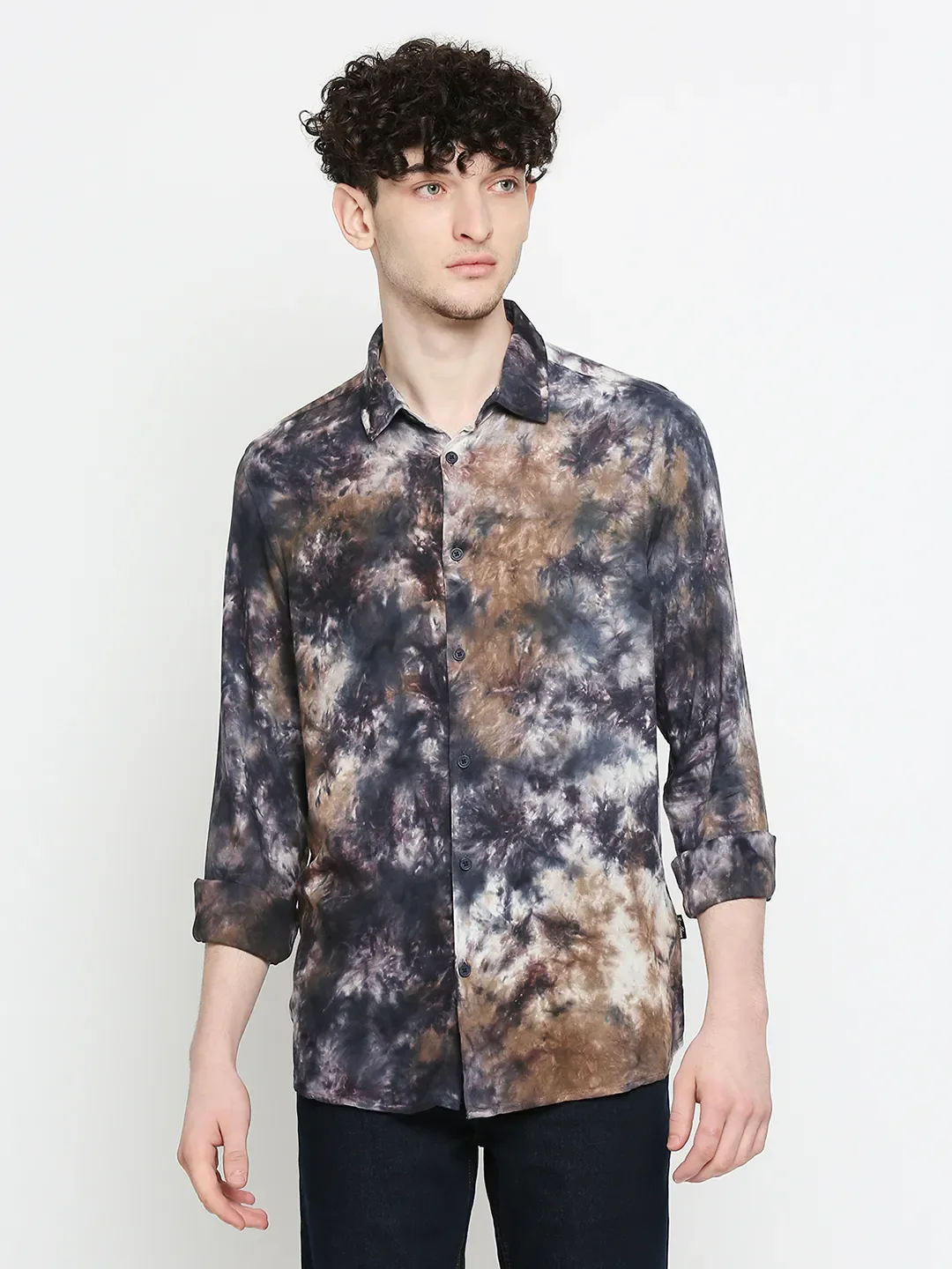 Grey Slim Straight Fit Regular Collar Long Sleeves VISCOSE Men's Shirt by Being Human Clothing