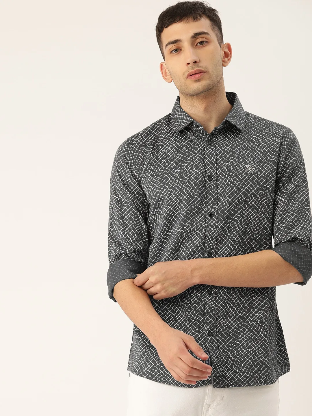 Grey Slim Straight Fit Regular Collar Long Sleeves Men's Shirt by Being Human Clothing