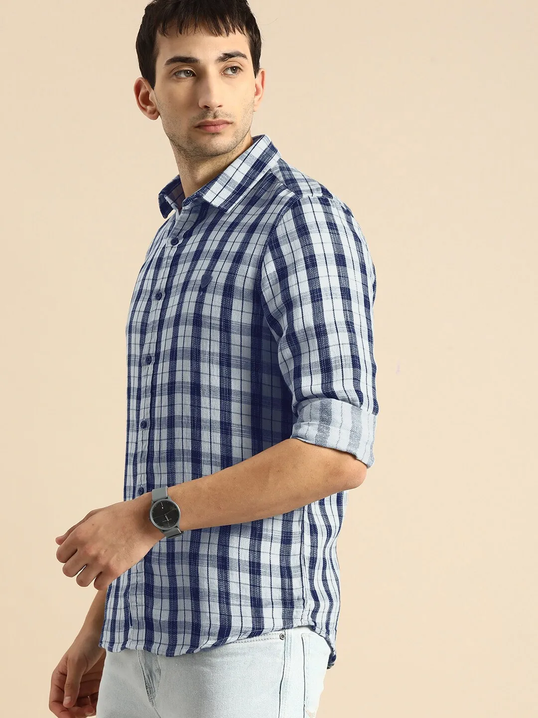 Grey Slim Straight Fit Regular Collar Long Sleeves Cotton Men's Shirt by Being Human Clothing - Image 2