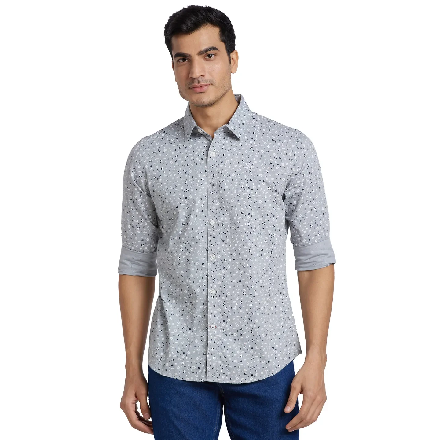 Grey Slim Straight Fit Regular Collar Long Sleeves Cotton Men's Shirt by Being Human Clothing