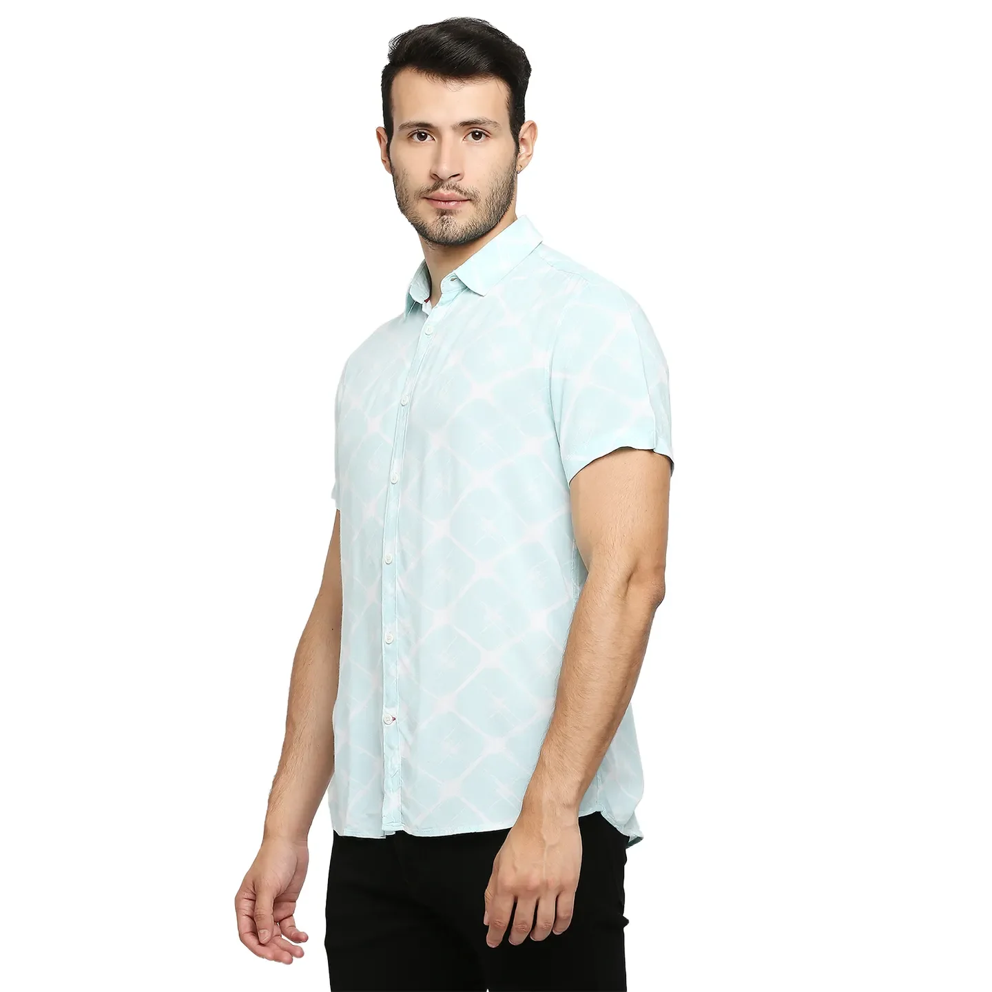 Blue Slim Straight Fit Regular Collar Short Sleeves Cotton Men's Shirt by Being Human Clothing - Image 2
