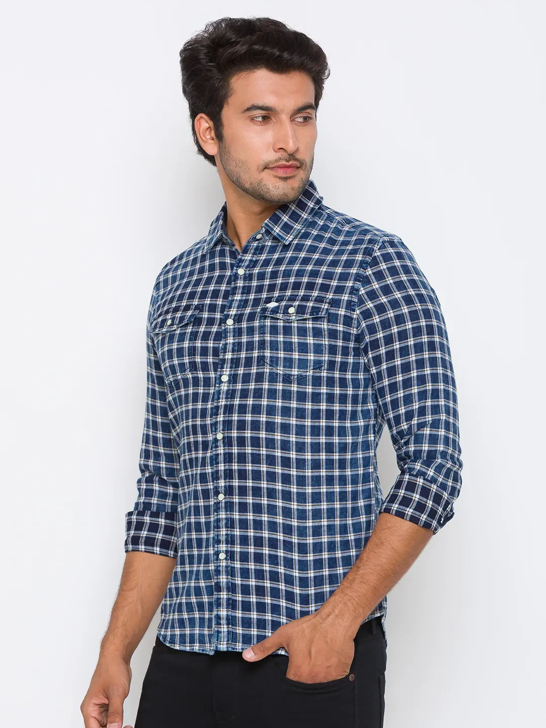 Blue Slim Straight Fit Regular Collar Long Sleeves Cotton Men's Shirt by Being Human Clothing - Image 2