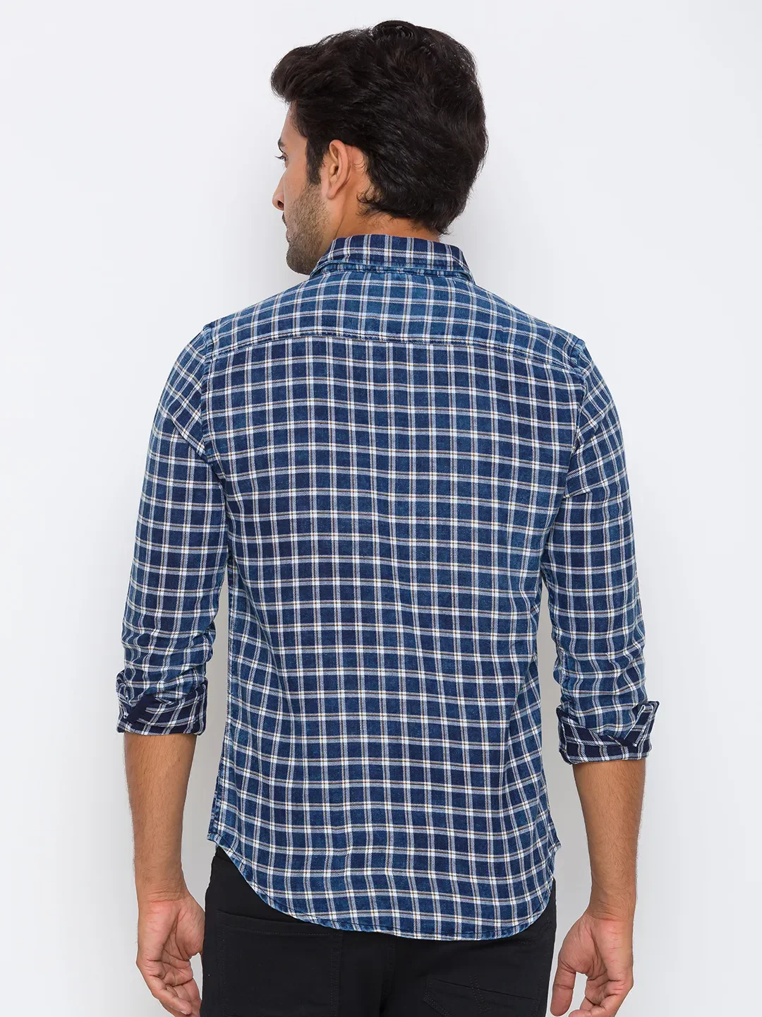 Blue Slim Straight Fit Regular Collar Long Sleeves Cotton Men's Shirt by Being Human Clothing - Image 3