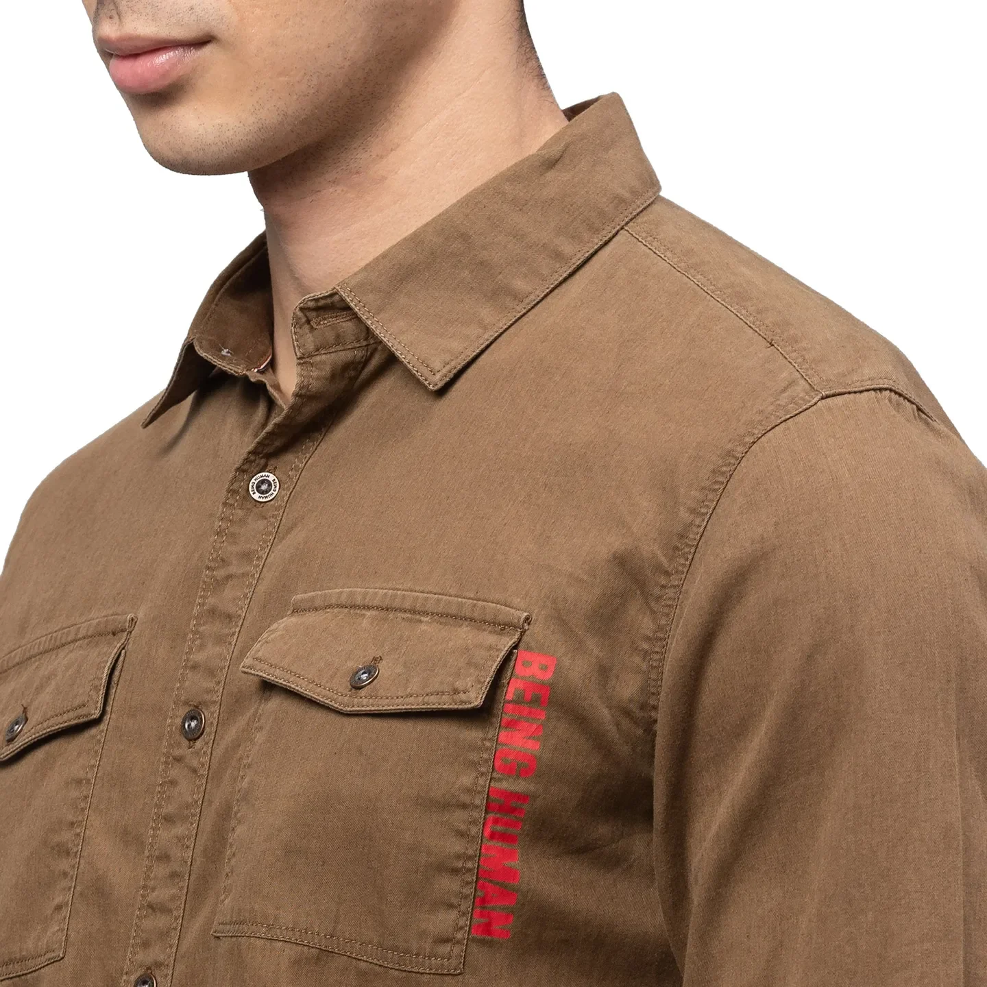 Khaki Slim Straight Fit Regular Collar Long Sleeves Cotton Men's Shirt by Being Human Clothing - Image 5