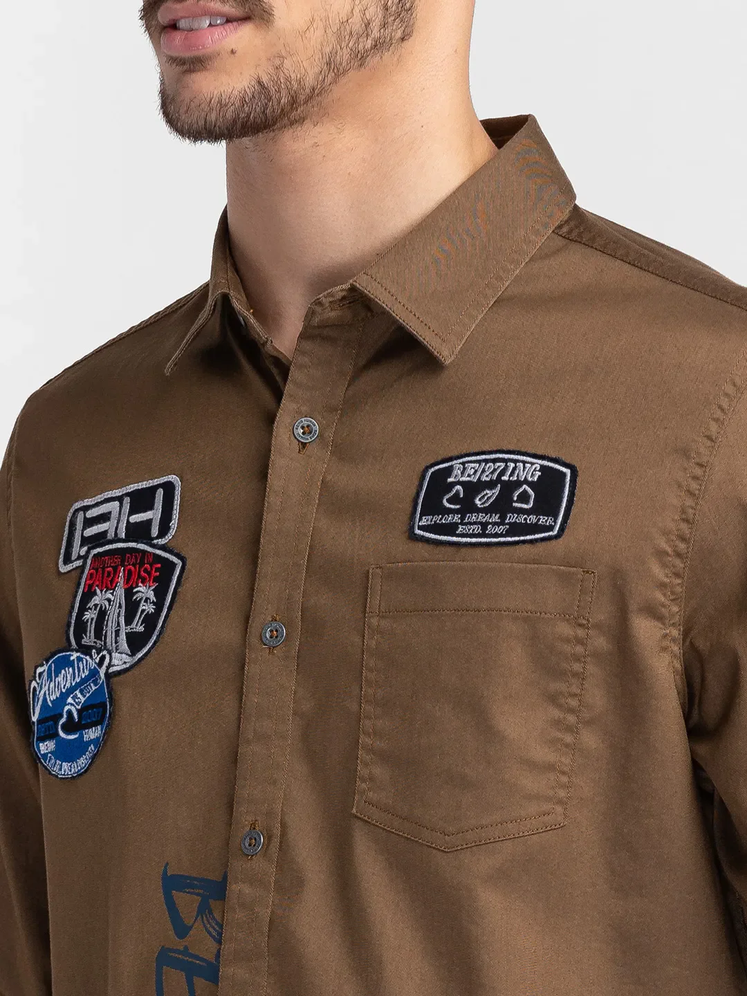 Khaki Slim Straight Fit Regular Collar Long Sleeves Cotton Men's Shirt by Being Human Clothing - Image 5