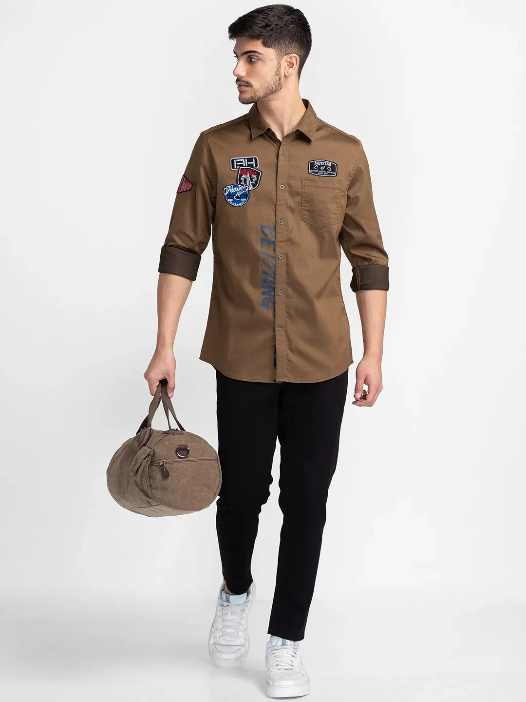 Khaki Slim Straight Fit Regular Collar Long Sleeves Cotton Men's Shirt by Being Human Clothing - Image 6