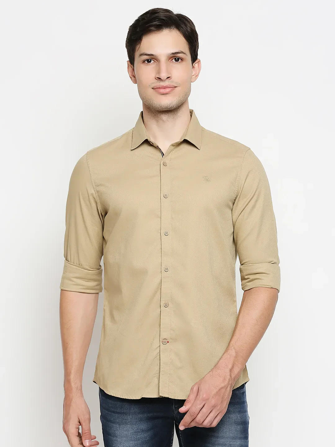 Khaki Slim Straight Fit Regular Collar Long Sleeves Cotton Men's Shirt by Being Human Clothing