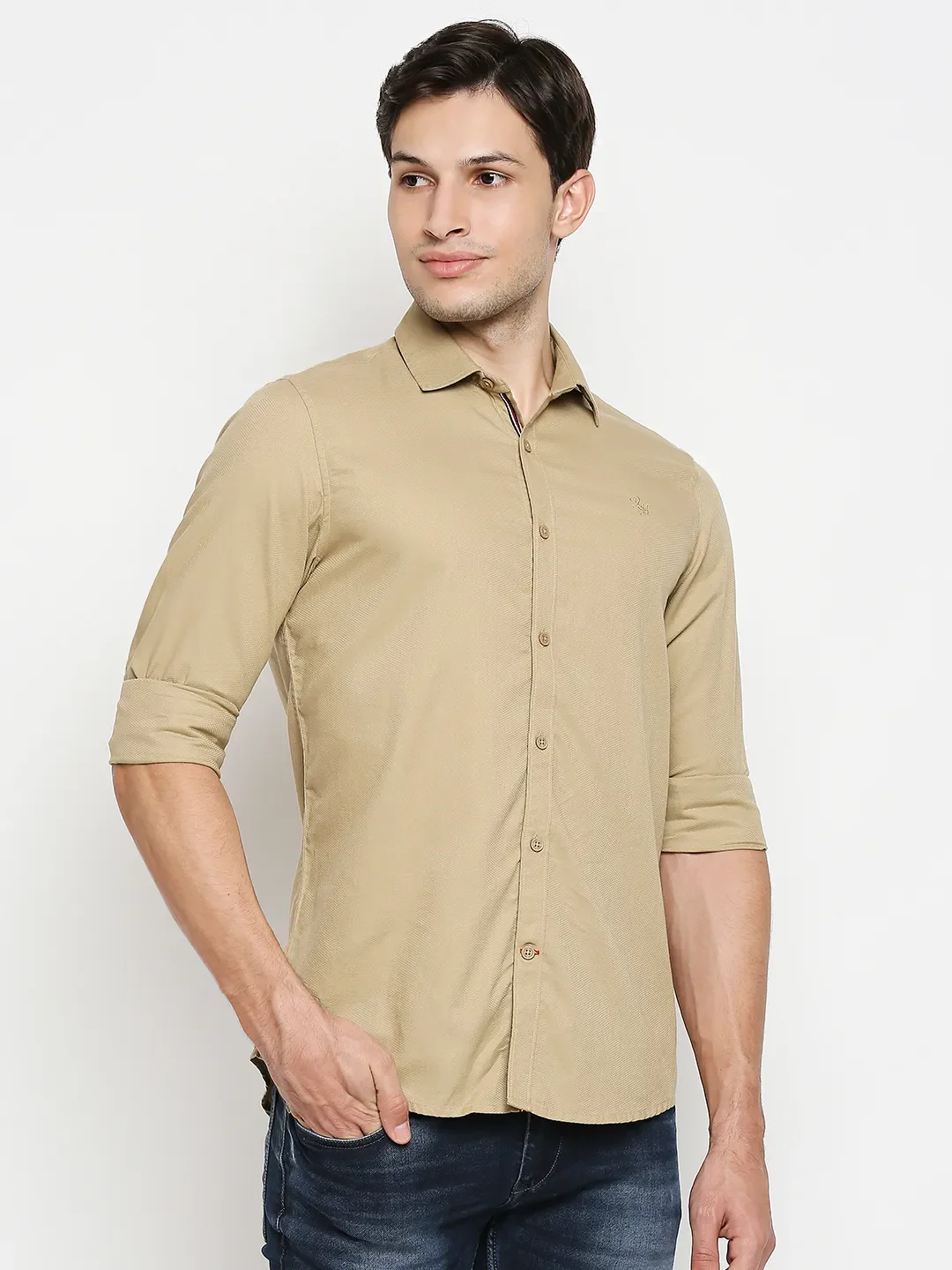 Khaki Slim Straight Fit Regular Collar Long Sleeves Cotton Men's Shirt by Being Human Clothing - Image 3