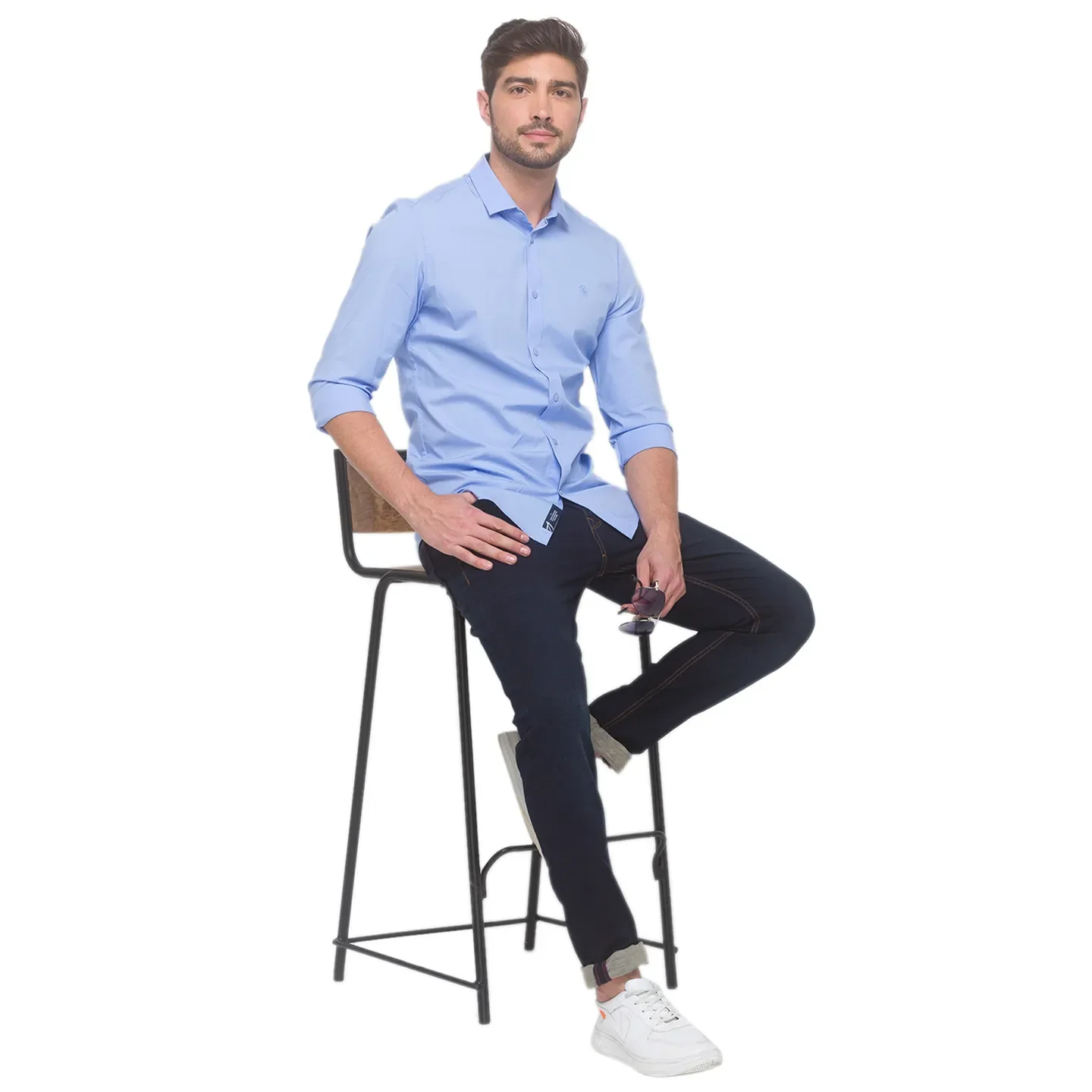Blue Slim Straight Fit Regular Collar Long Sleeves Cotton Men's Shirt by Being Human Clothing - Image 2