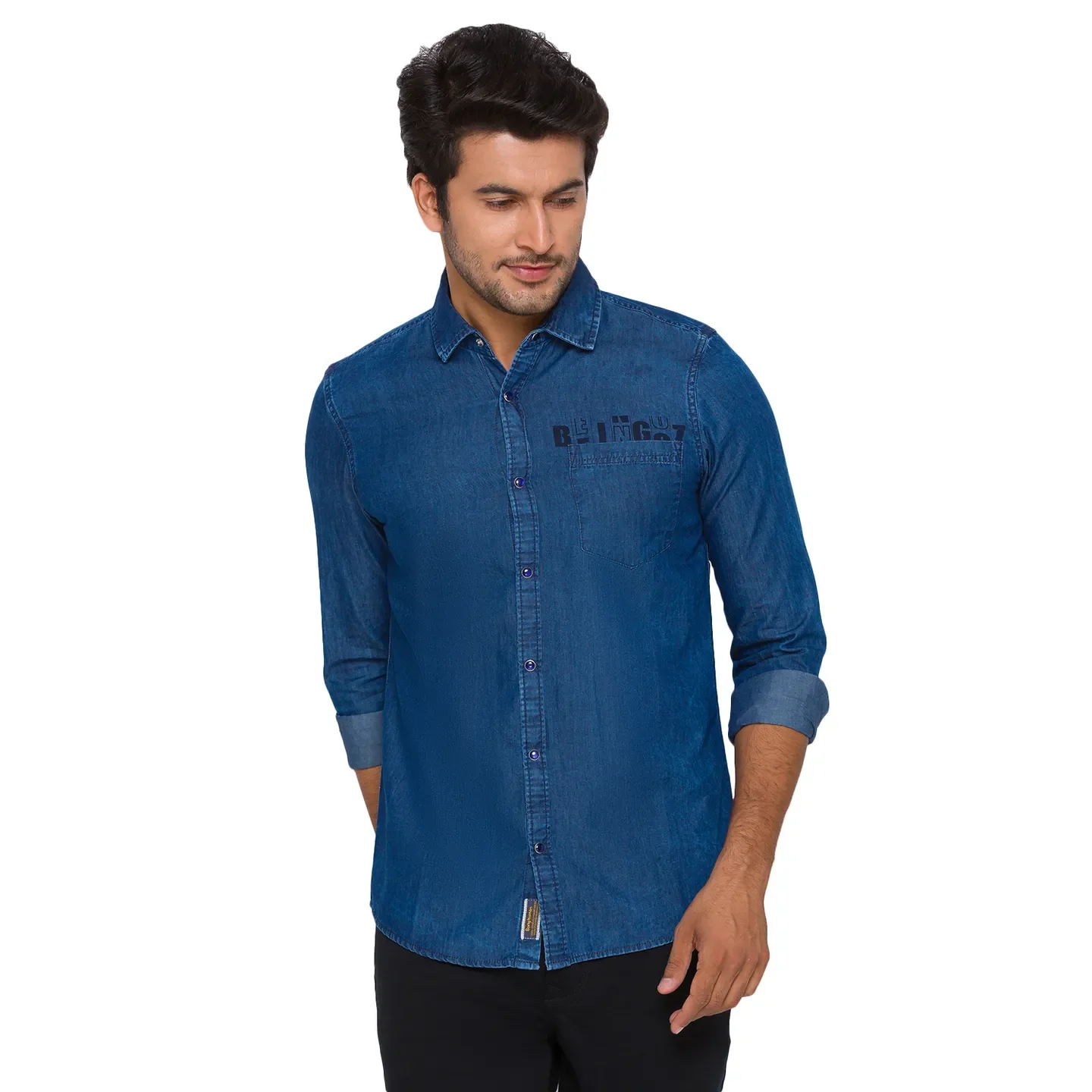 Blue Slim Straight Fit Regular Collar Long Sleeves Cotton Men's Shirt by Being Human Clothing