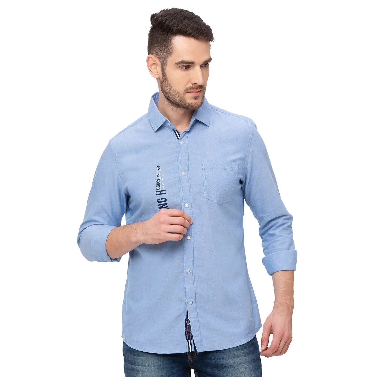 Blue Slim Straight Fit Regular Collar Long Sleeves Cotton Men's Shirt by Being Human Clothing