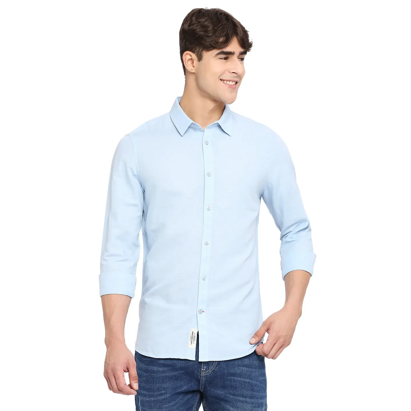 Blue Slim Straight Fit Regular Collar Long Sleeves Cotton Men's Shirt by Being Human Clothing