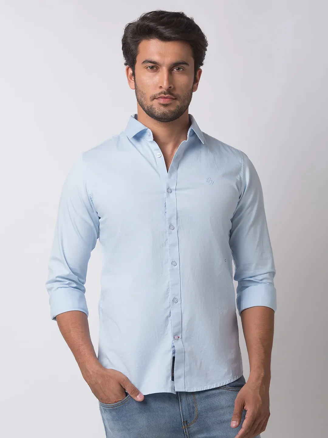 Blue Slim Straight Fit Regular Collar Long Sleeves Cotton Men's Shirt by Being Human Clothing