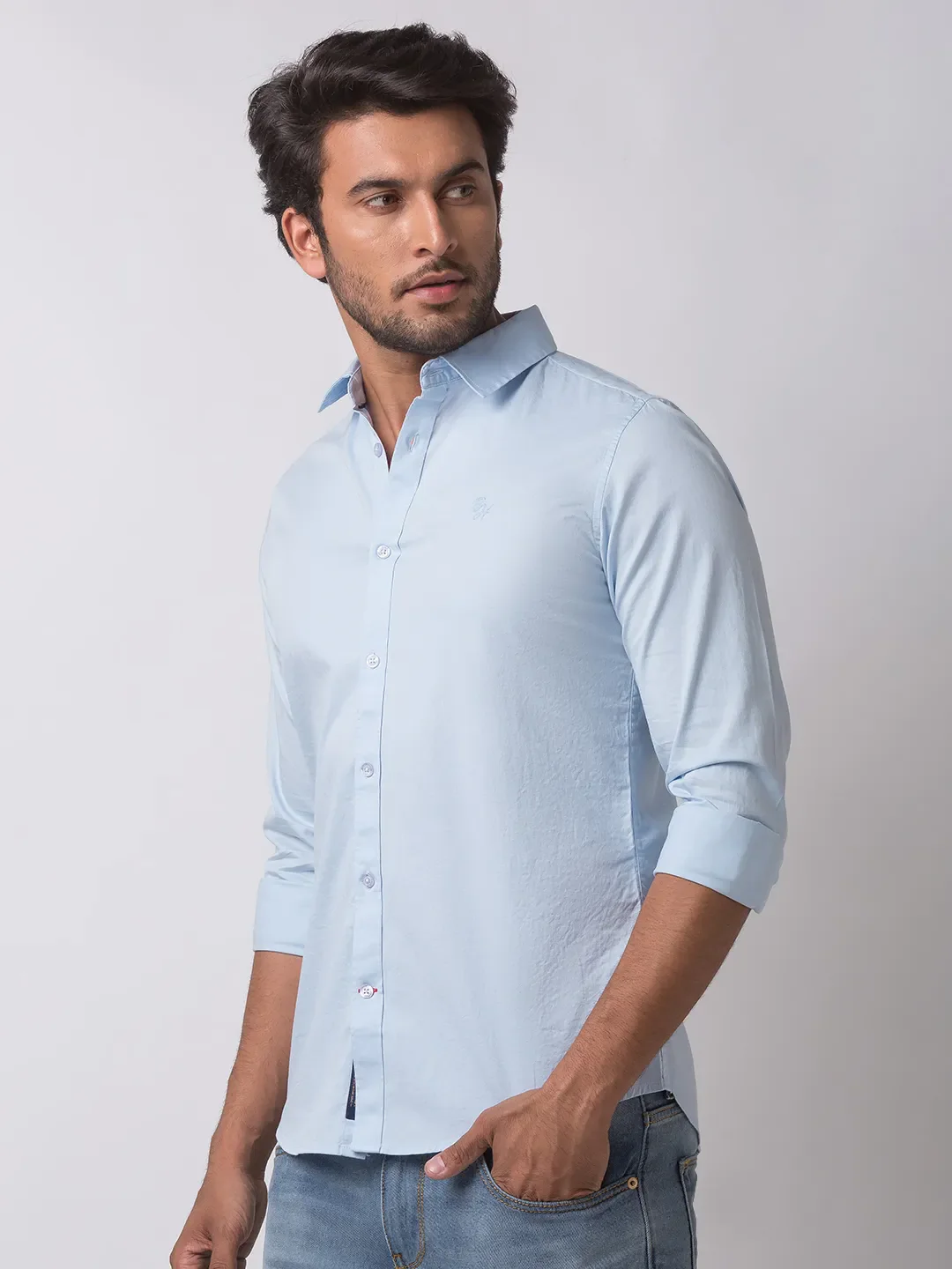 Blue Slim Straight Fit Regular Collar Long Sleeves Cotton Men's Shirt by Being Human Clothing - Image 2