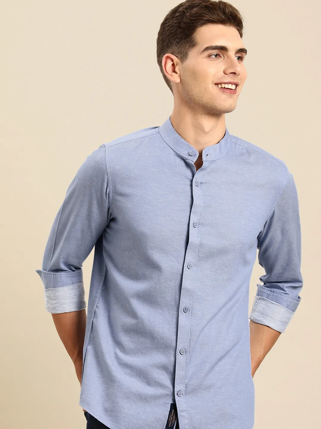Blue Slim Straight Fit Mandarin Collar Long Sleeves Cotton Men's Shirt by Being Human Clothing