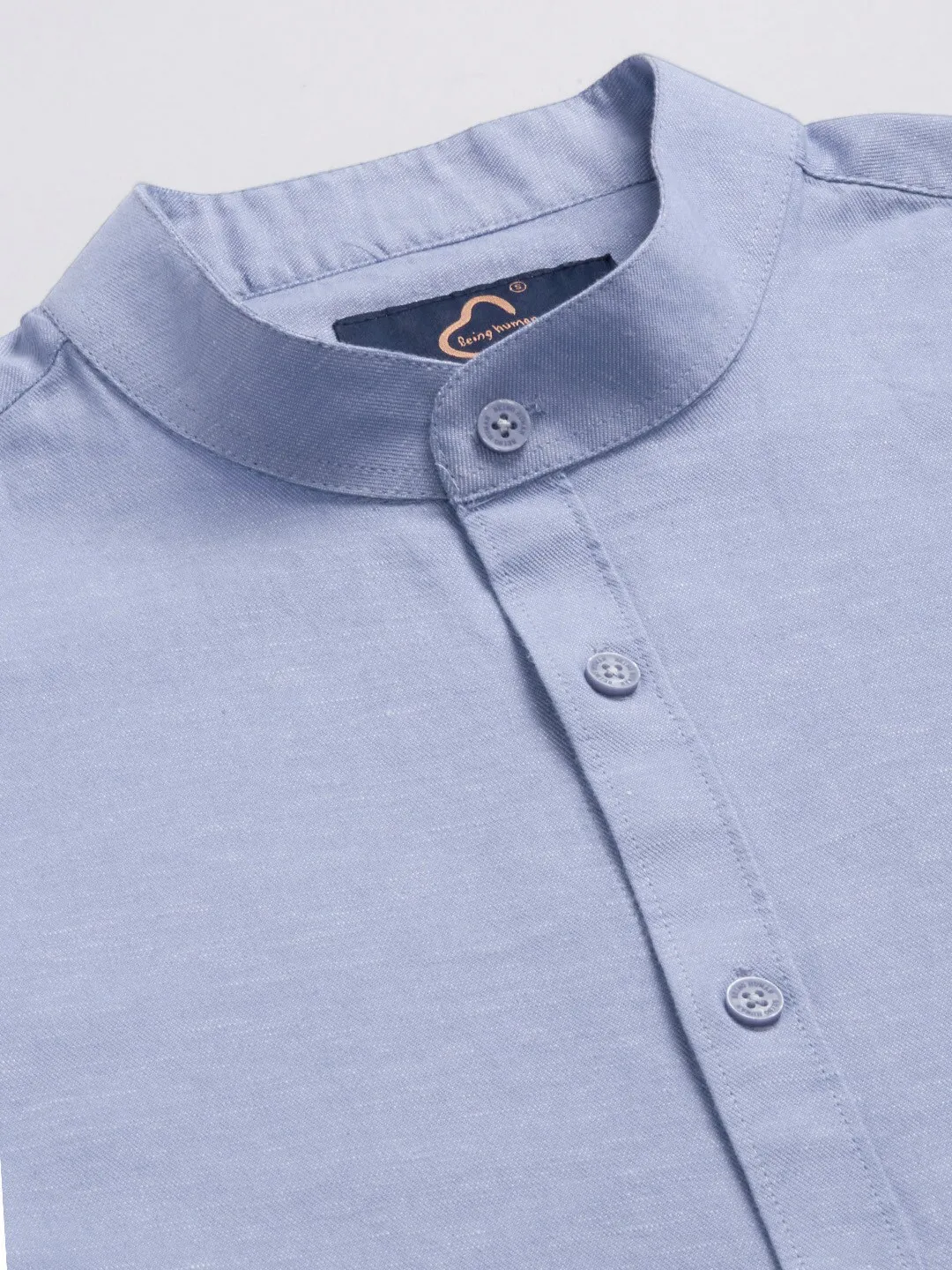 Blue Slim Straight Fit Mandarin Collar Long Sleeves Cotton Men's Shirt by Being Human Clothing - Image 5