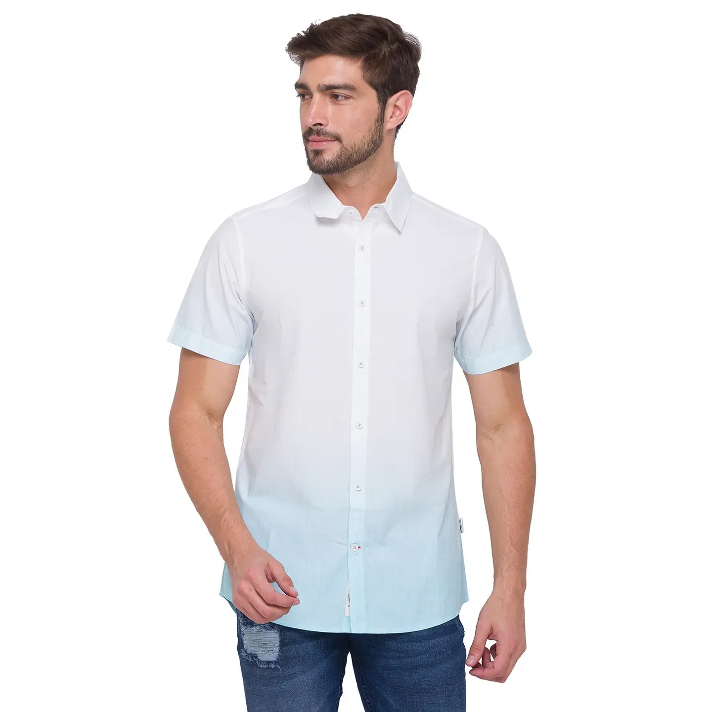 Blue Slim Straight Fit Regular Collar Short Sleeves Cotton Men's Shirt by Being Human Clothing - Image 5