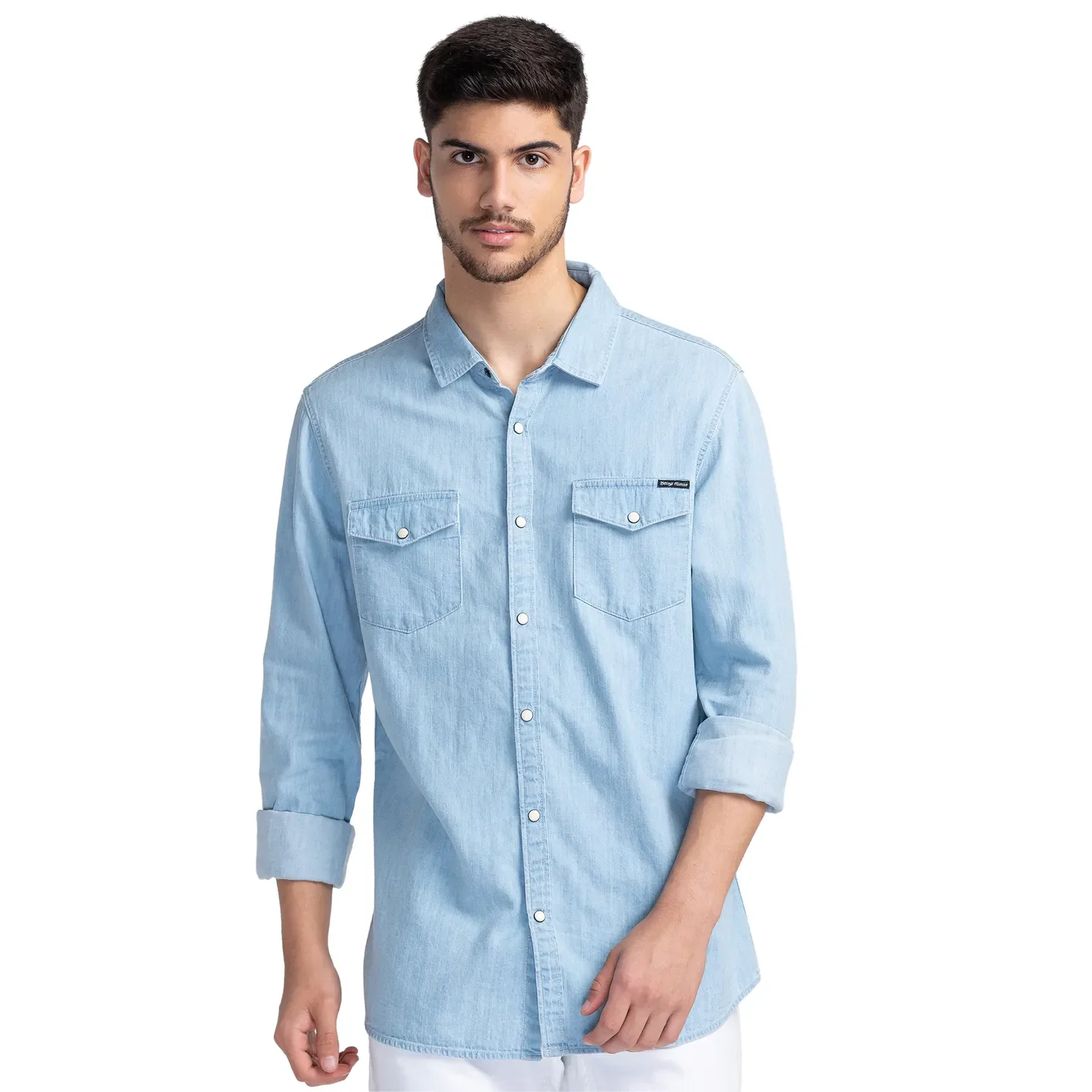 Blue Slim Straight Fit Regular Collar Short Sleeves Cotton Men's Shirt by Being Human Clothing