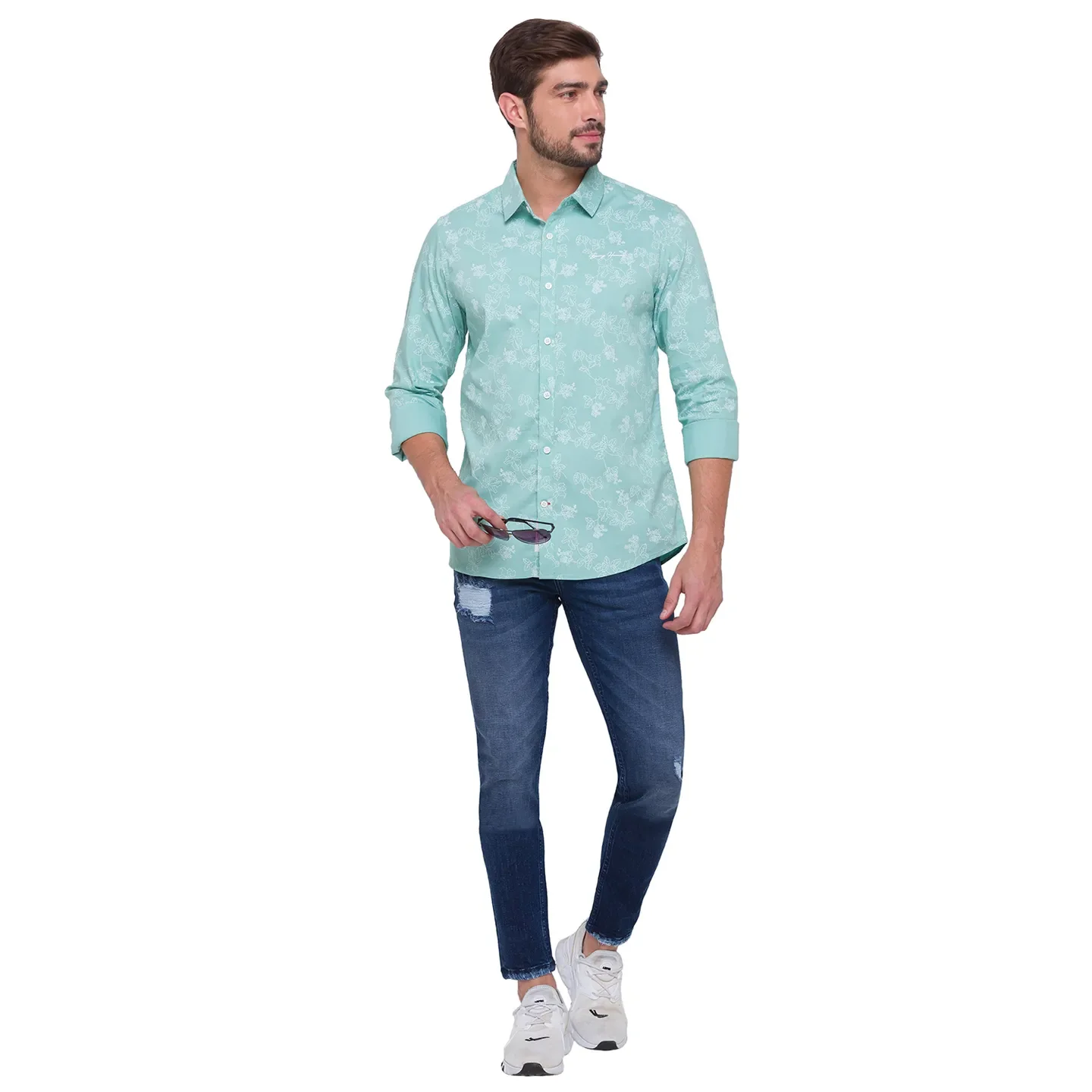 Green Slim Straight Fit Regular Collar Long Sleeves Cotton Men's Shirt by Being Human Clothing